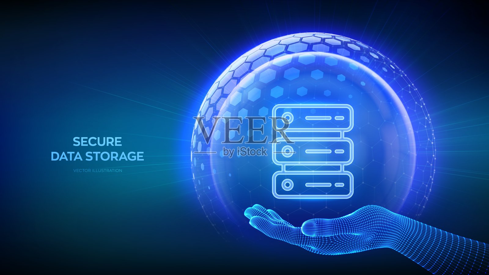 安全数据存储。服务器和数据库存储安全。数据中心保护。服务器图标位于透明保护球盾内,手部为线框设计,带有六边形图案。矢量插图。插画图片素材