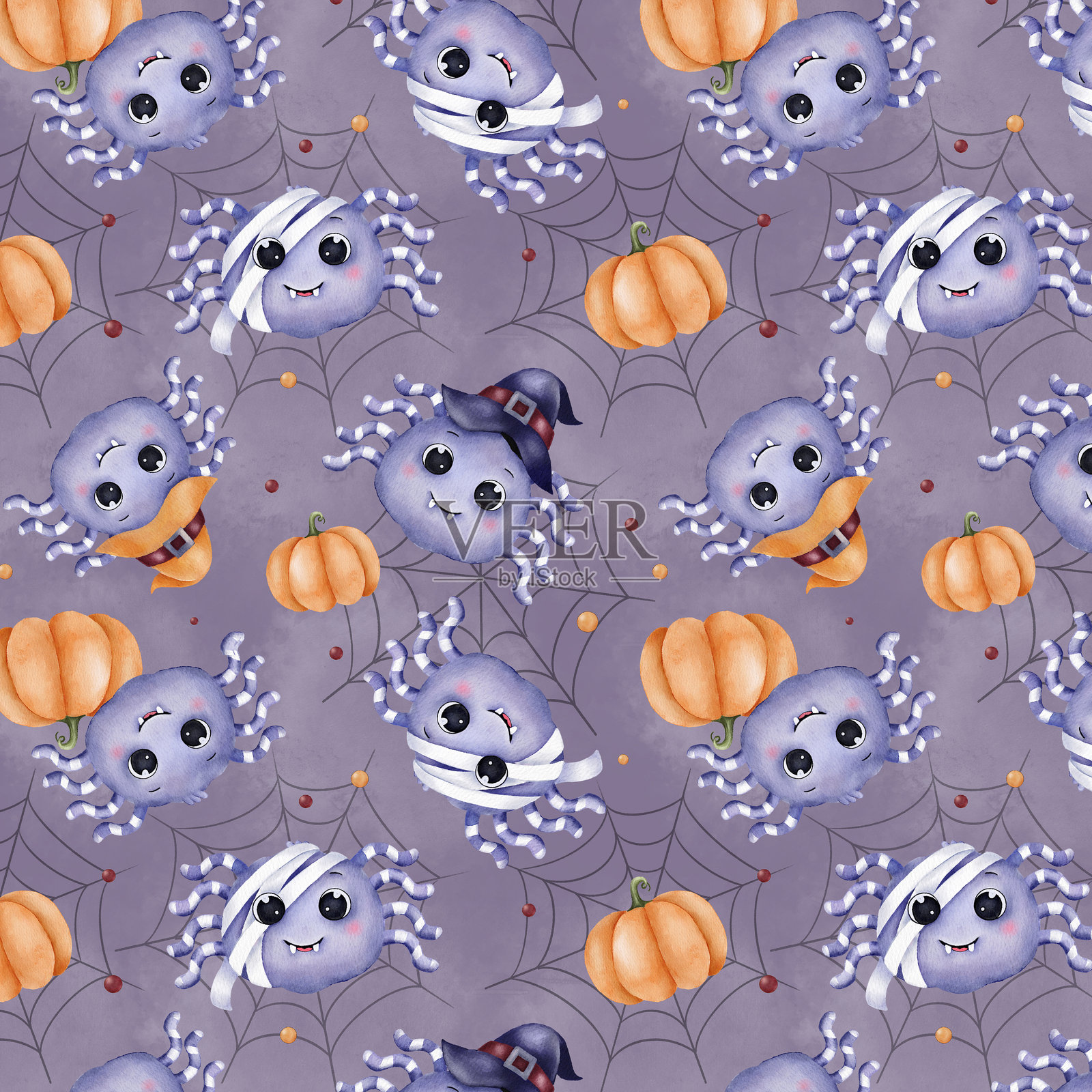 四只可爱的大眼睛蜘蛛的水彩插图,有些戴着女巫帽和木乃伊绷带。适合儿童项目、邀请函、贴纸和派对装饰的有趣迷人的万圣节剪贴画。插画图片素材