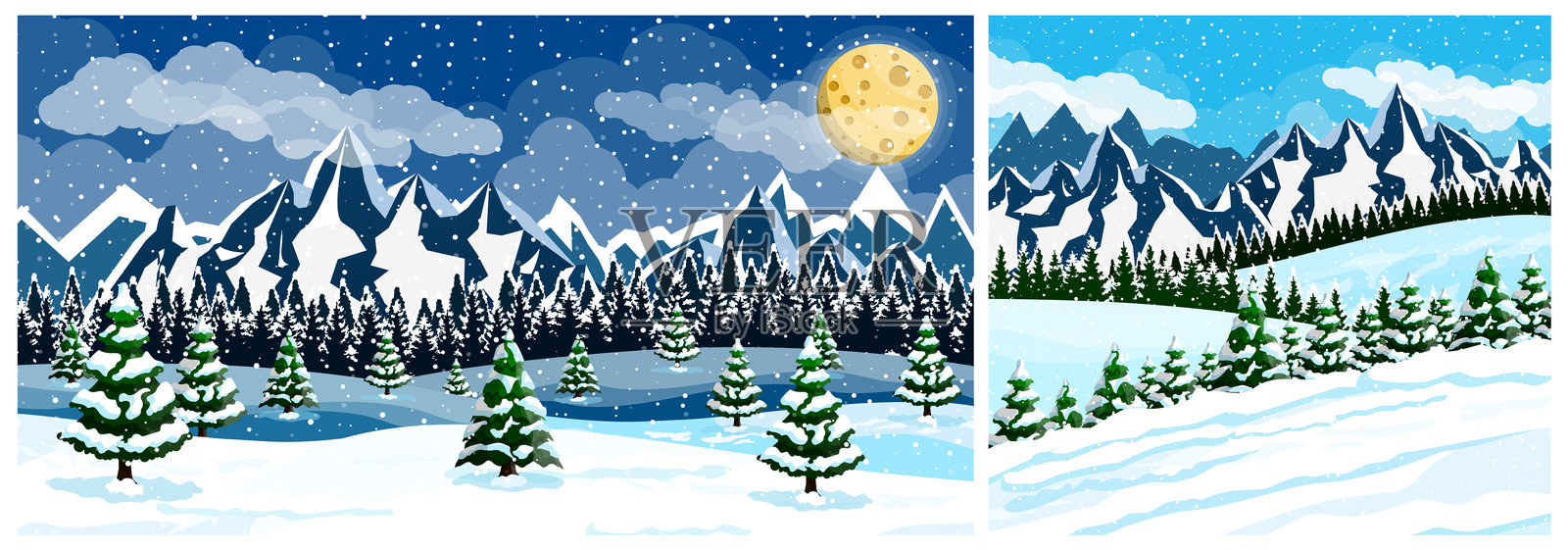 两个雪山冬季风景插画图片素材