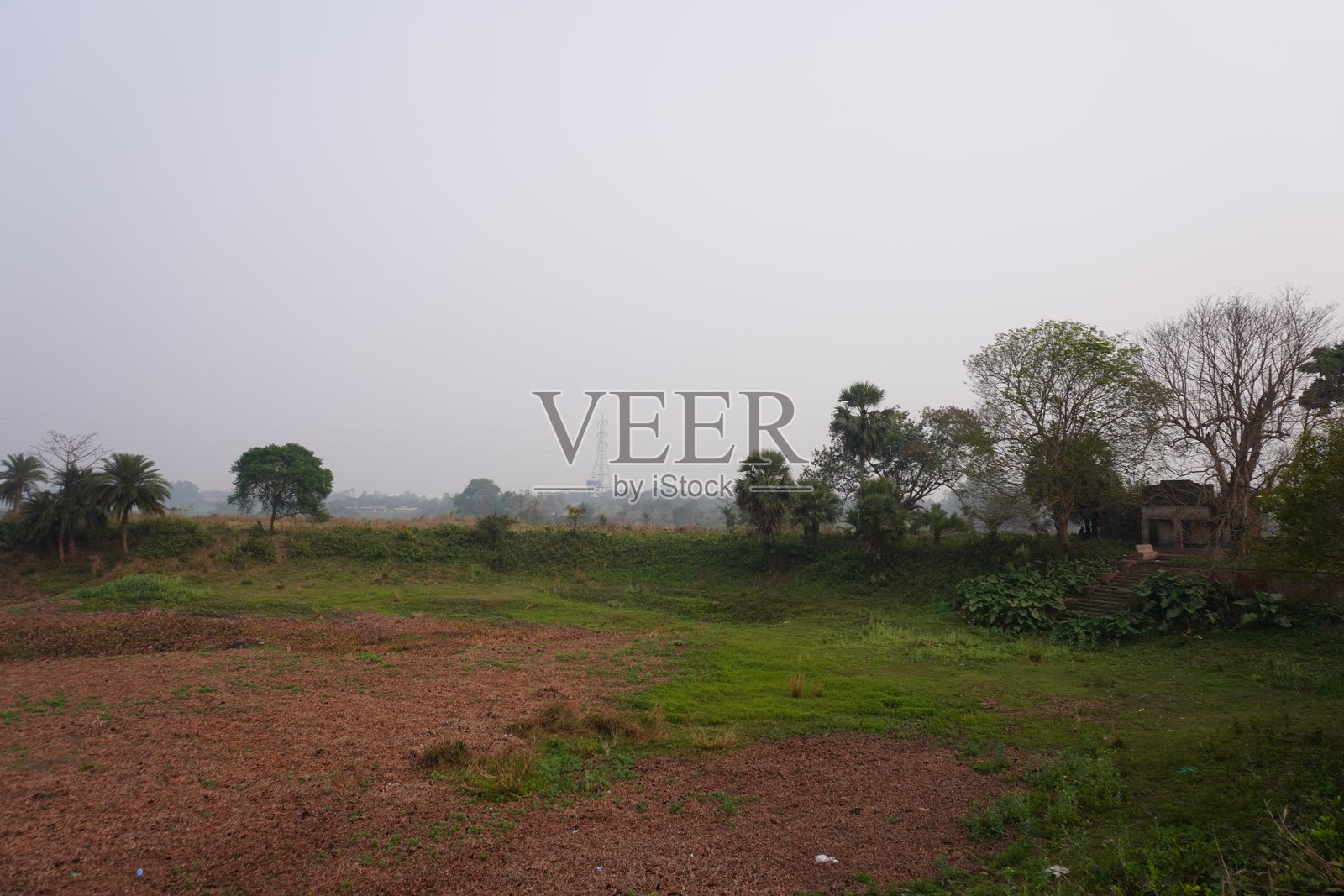 空旷的田野被绿色植被环绕。照片摄影图片