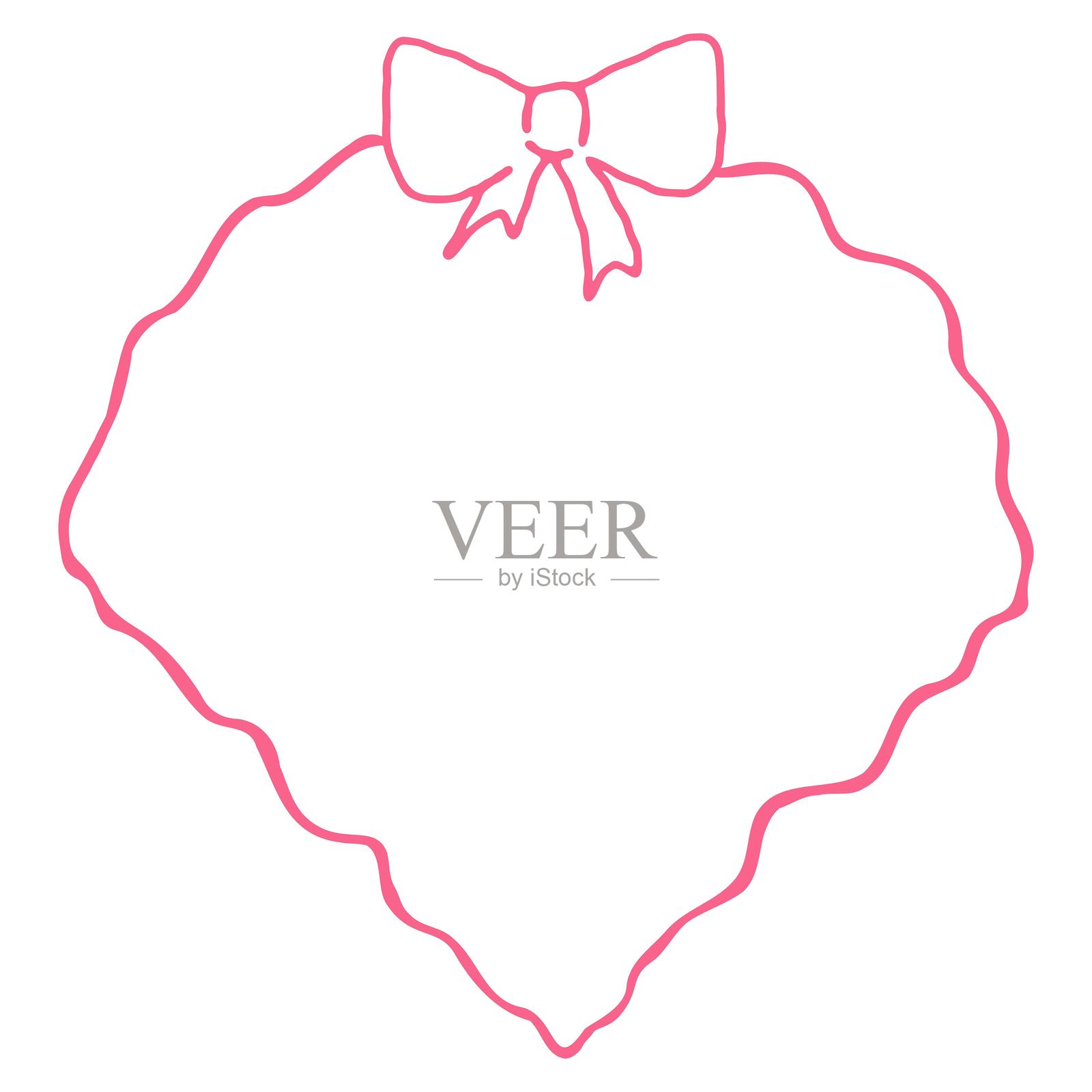 复古粉色边框,带可爱蝴蝶结,孤立在白色背景上。精致插图,装饰性边框,留有空白空间用于情人节贺卡、浪漫便条和爱情主题文具。插画图片素材