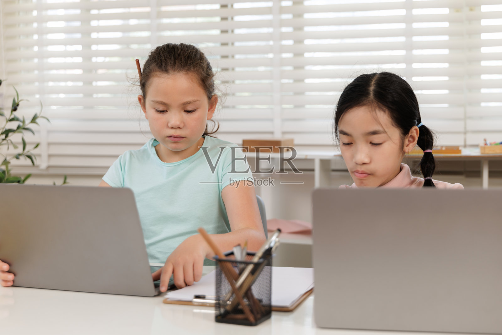 两个女孩专注地参加在线课程,可能是在教室或家中。照片摄影图片