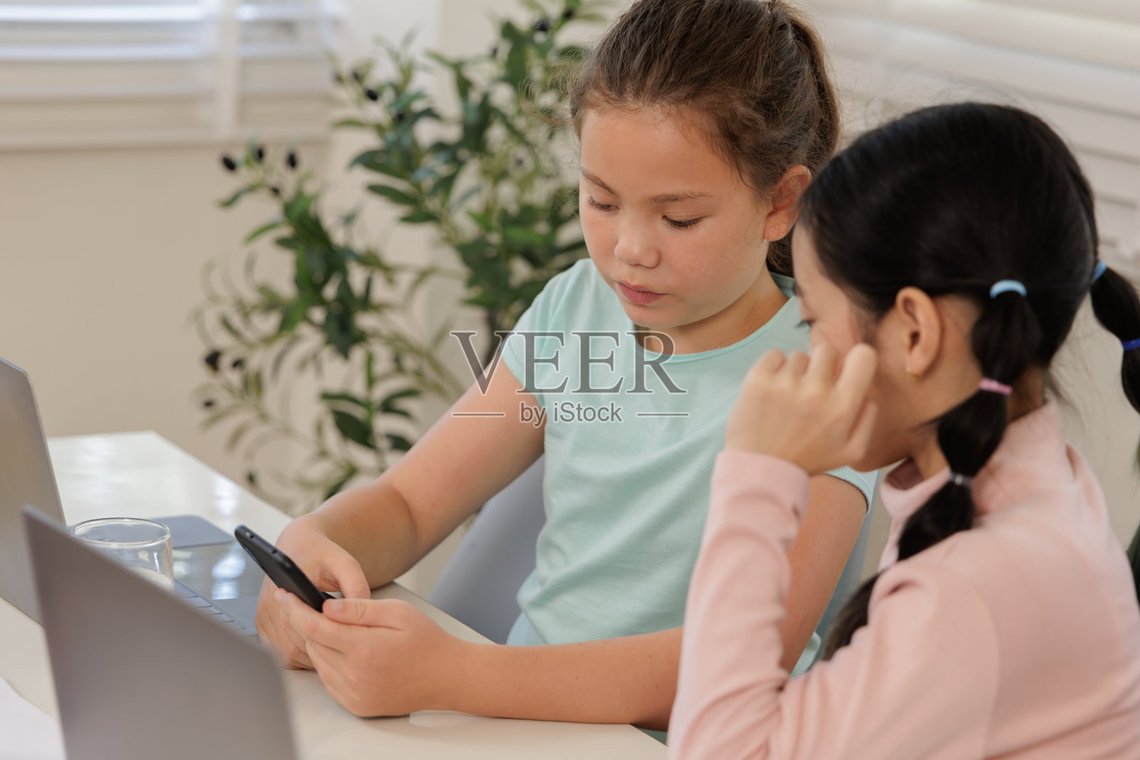 两个女孩专注地参加在线课程,可能是在教室或家中。照片摄影图片