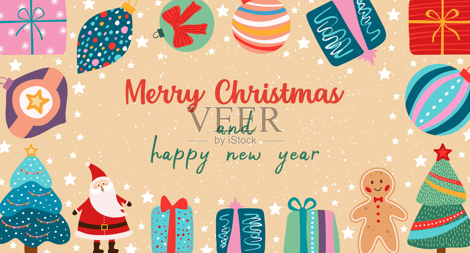 圣诞快乐和新年快乐的贺卡,包含圣诞老人、姜饼人、树木和装饰品。节日季节概念。插画图片素材