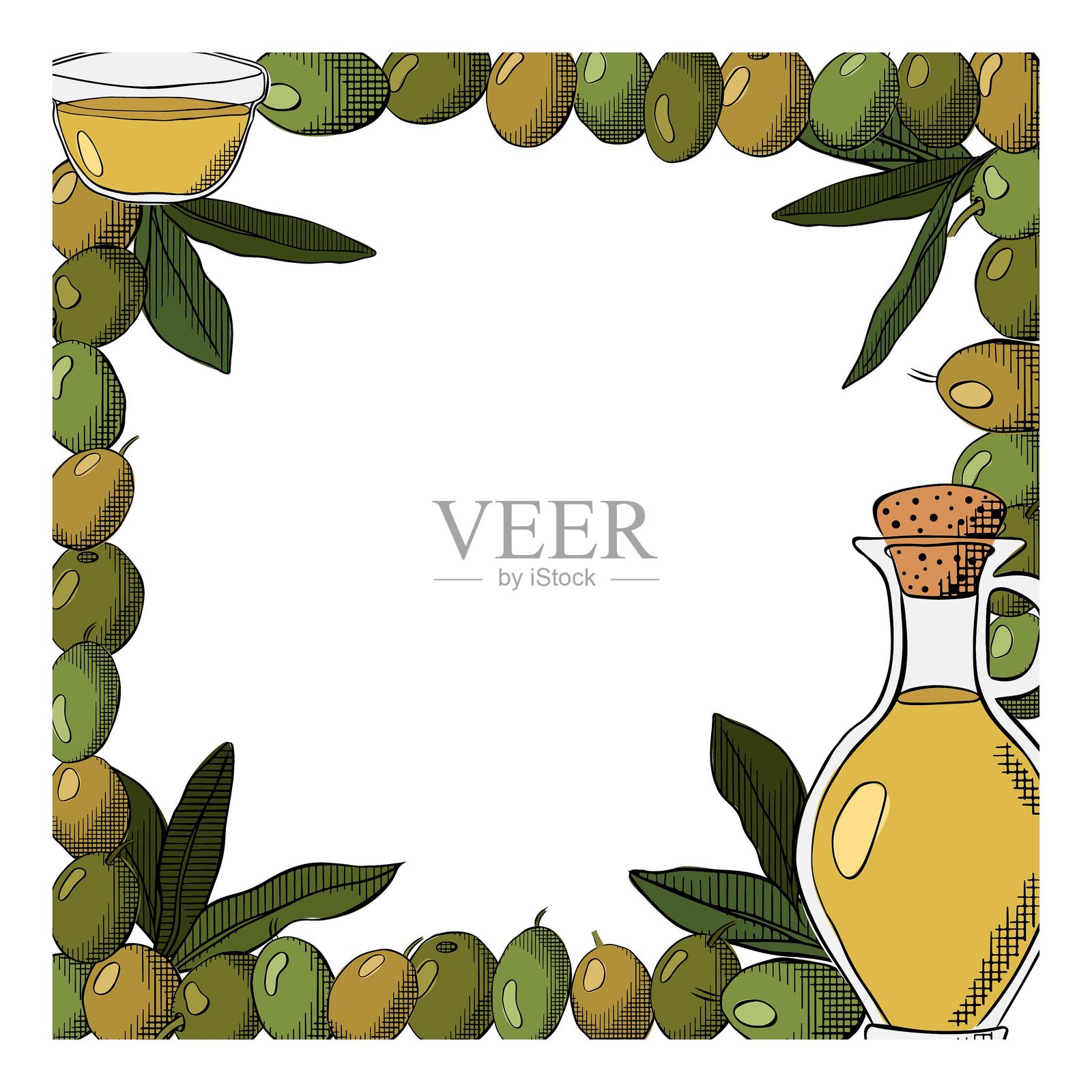 橄榄枝、果实和叶子的素描框。橄榄油、绿色果实和叶子的方形框架模板。矢量图形线条墨水彩色插图,适用于卡片、设计标志、纹身。插画图片素材