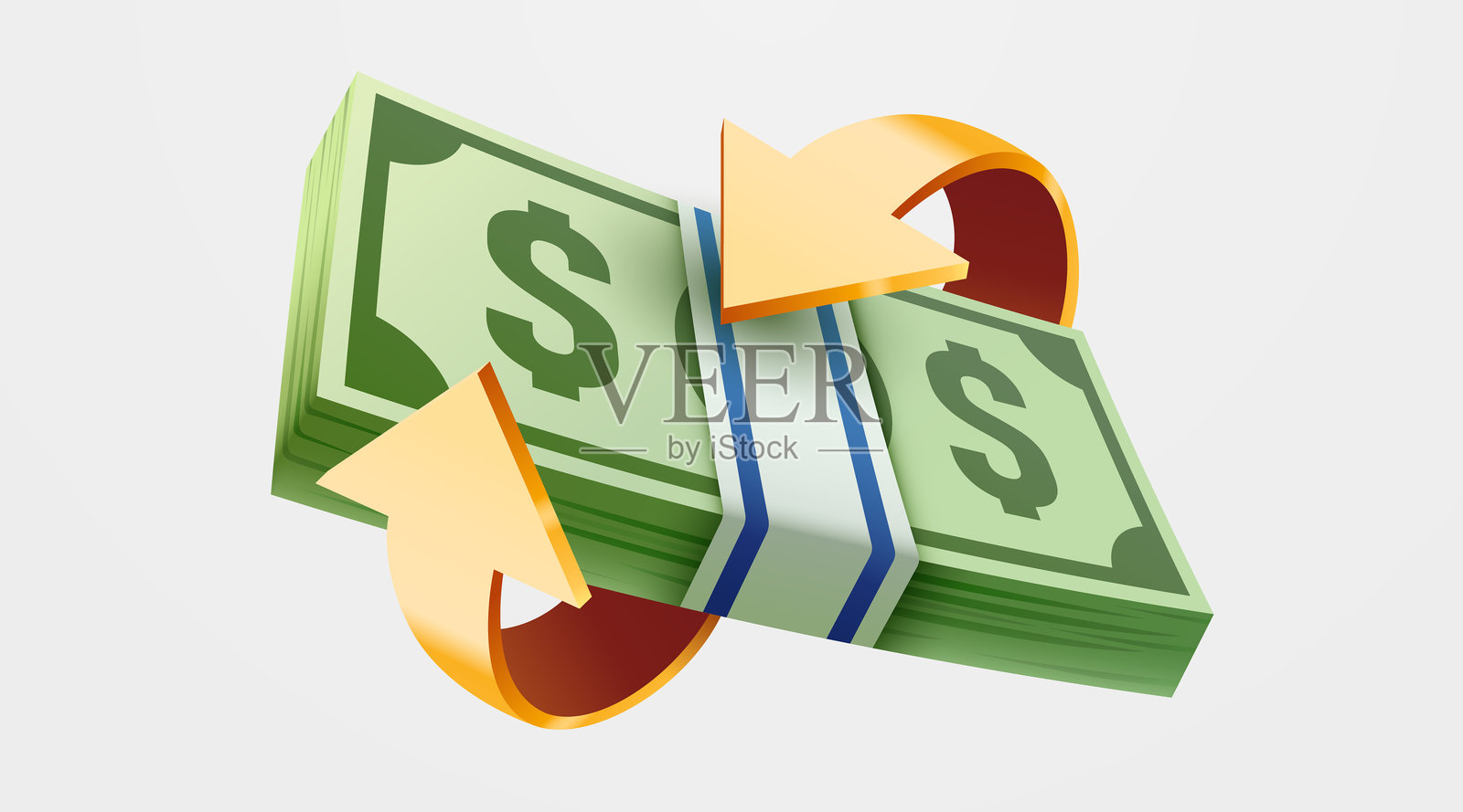 一堆绿色纸币,上面有箭头。现金返还或退款概念。3D渲染的美元堆叠。卡通风格的美元钞票,独立展示。插画图片素材