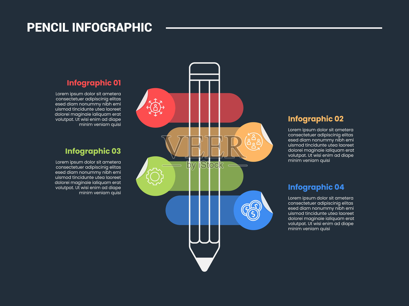 铅笔教育信息图表流程图,带有圆角矩形徽章,反向方向,深色背景,明亮轮廓风格,4个要点插画图片素材