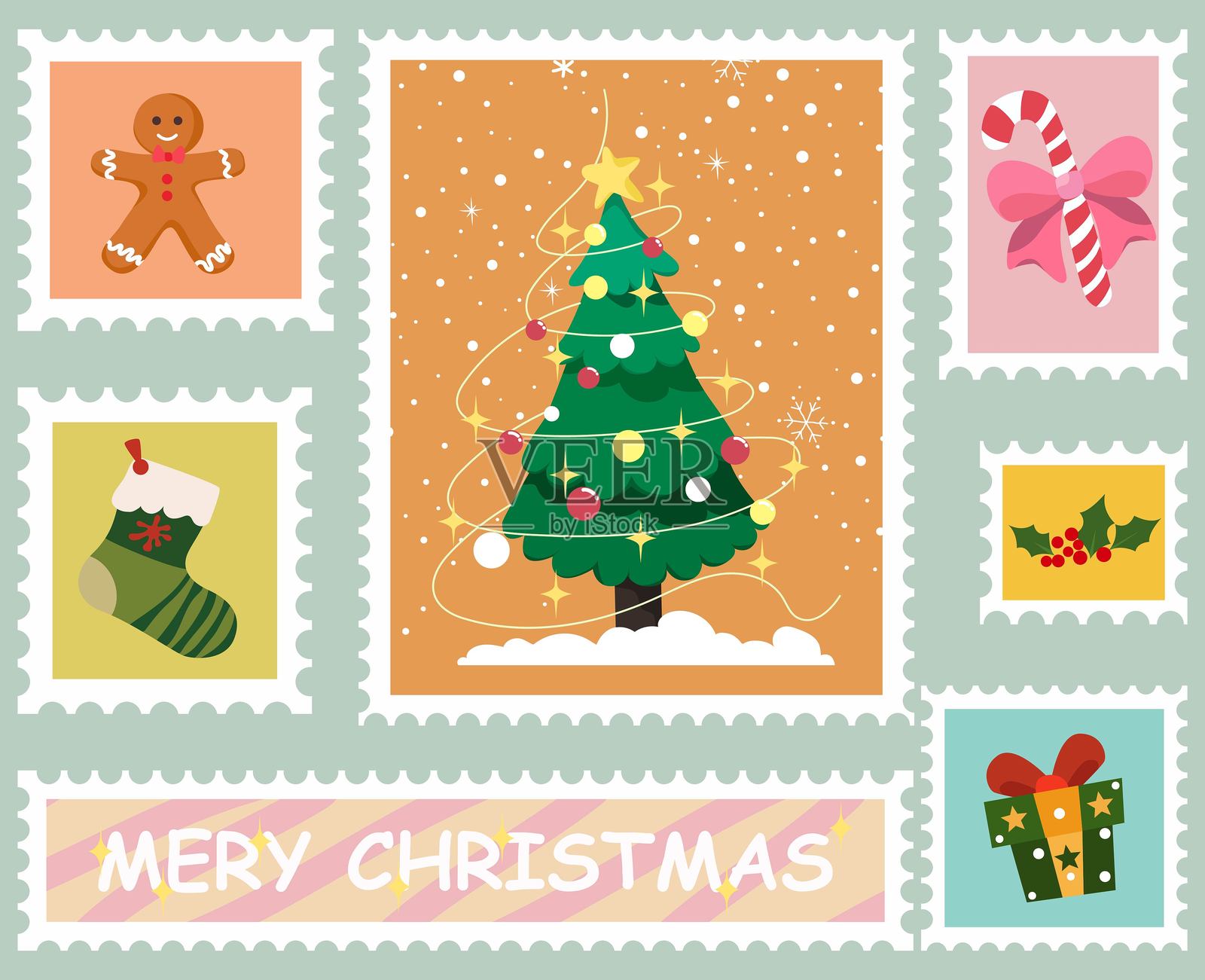 圣诞邮票矢量插图。插画图片素材