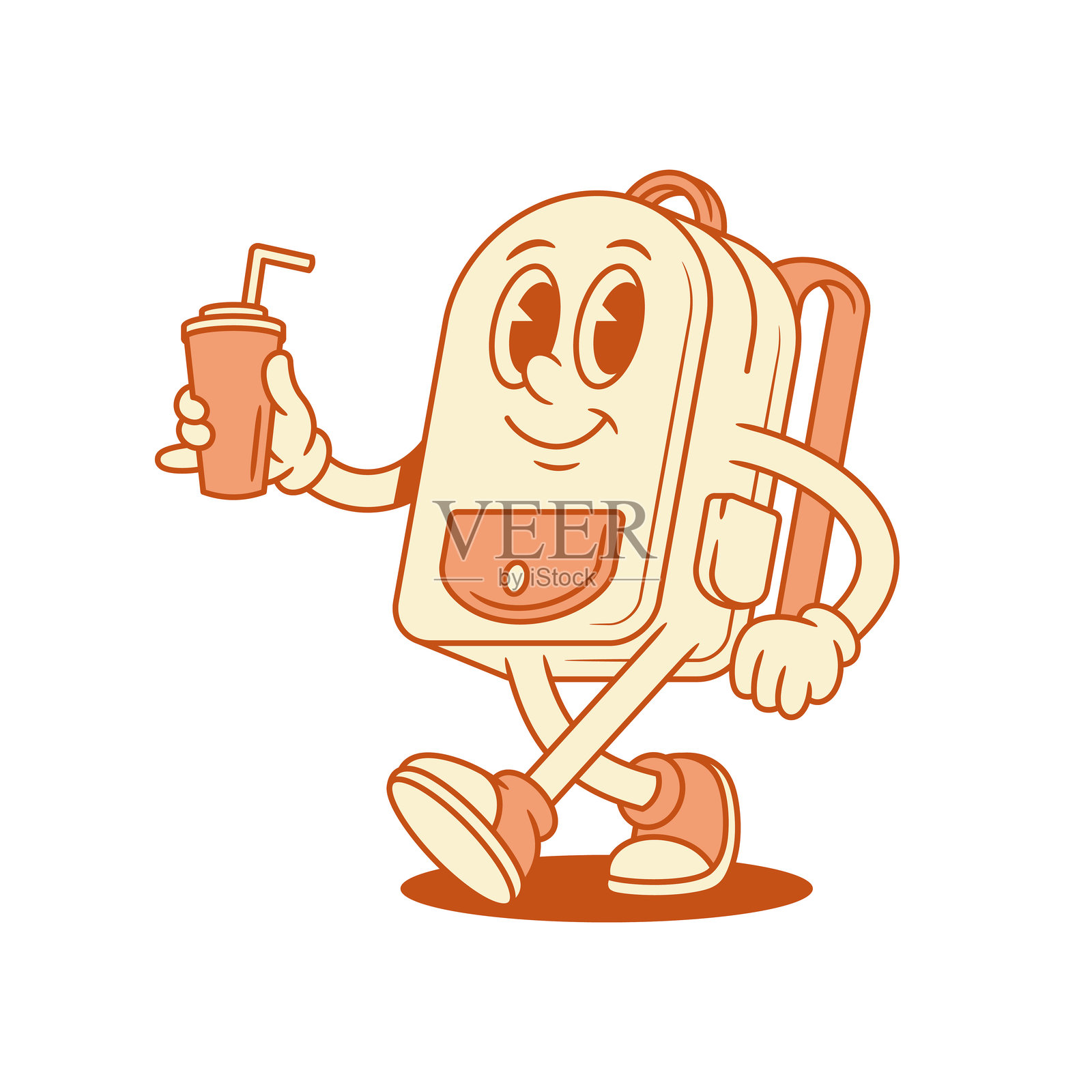 快乐的书包背包卡通角色与汽水饮料等距矢量插图插画图片素材