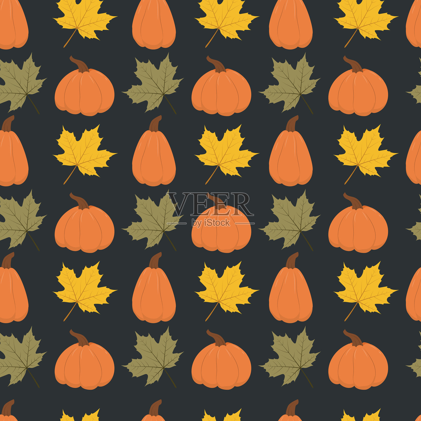 无缝的秋季图案,包含南瓜和枫叶。插画图片素材
