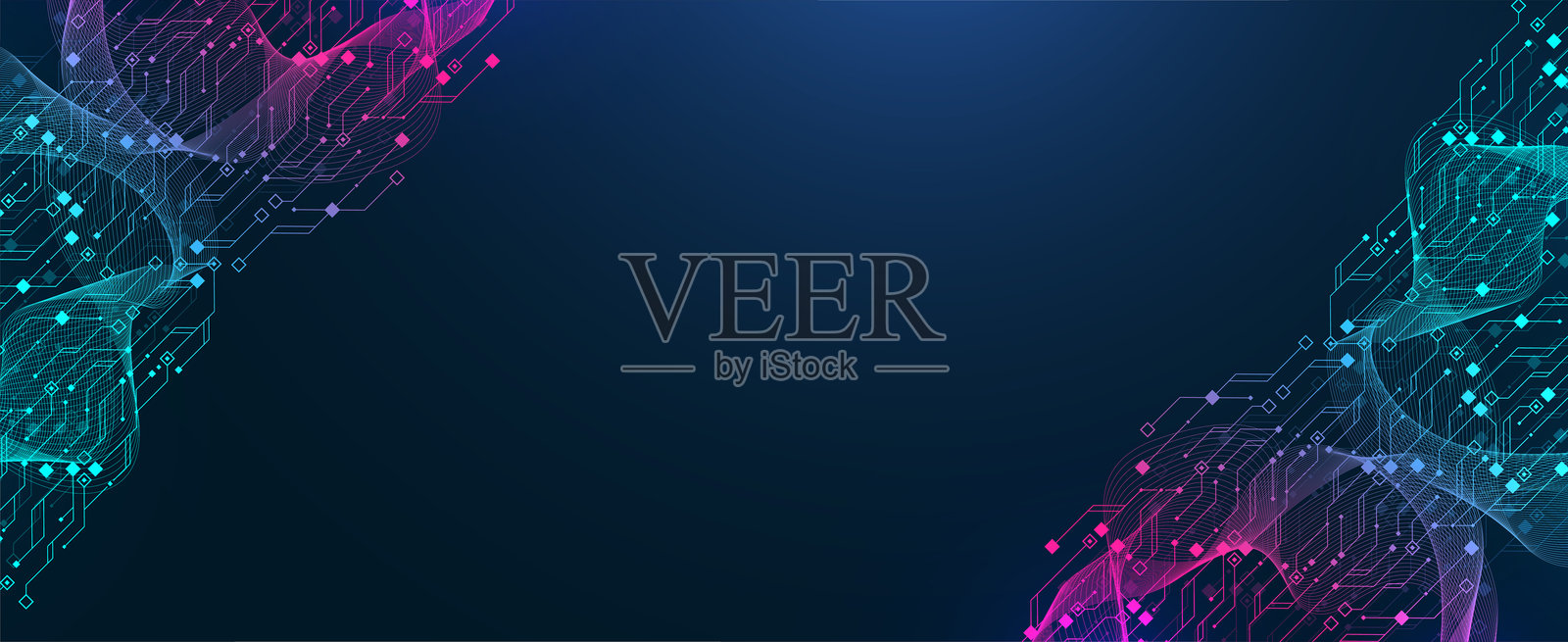 人工智能或机器学习矢量设计。量子计算机技术概念,背景设计包含电路板和主板纹理。波动流动的量子爆炸。插画图片素材