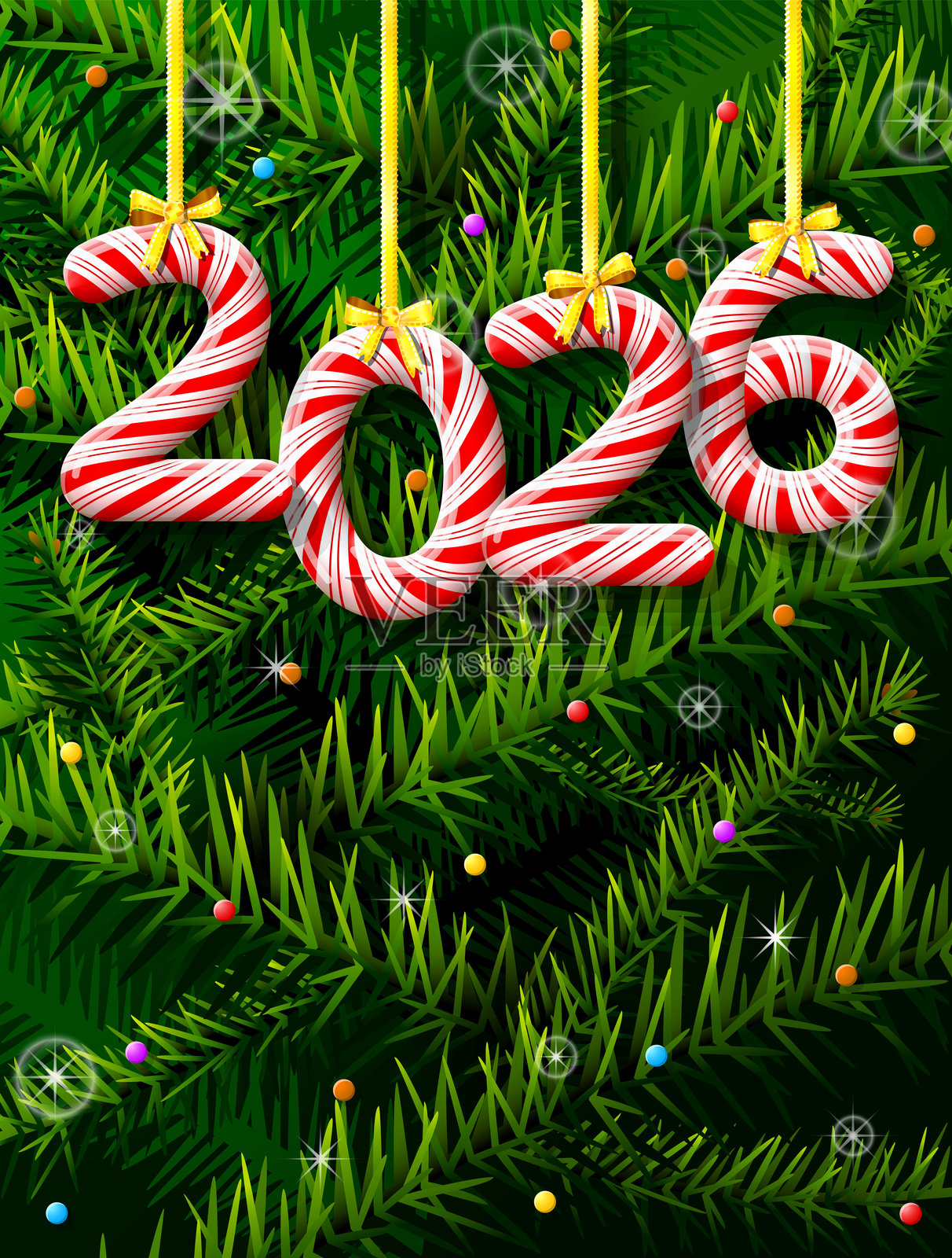 2026年新年以糖果棒的形状呈现在松枝上插画图片素材