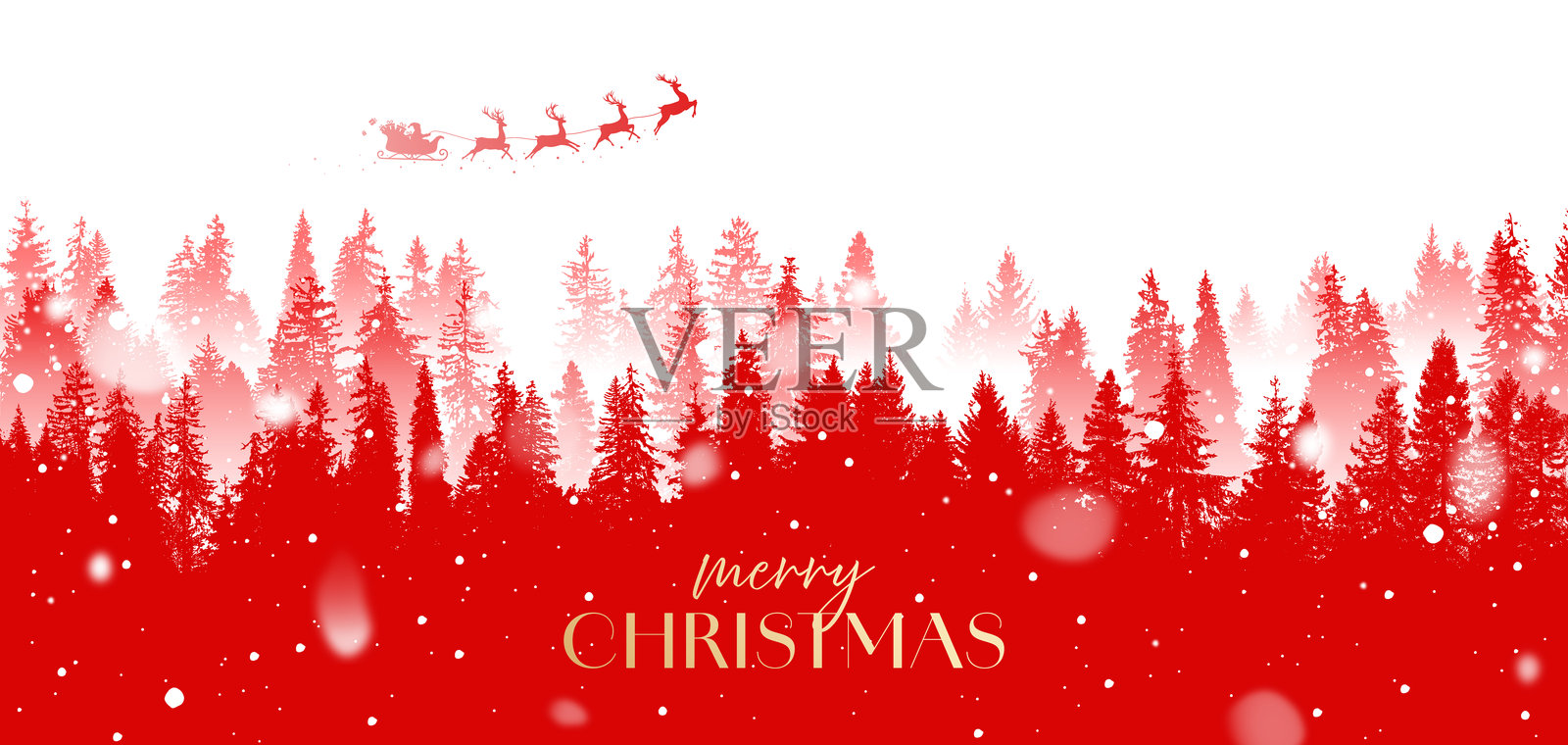 圣诞贺卡横幅,红色森林背景,圣诞老人的雪橇插画图片素材