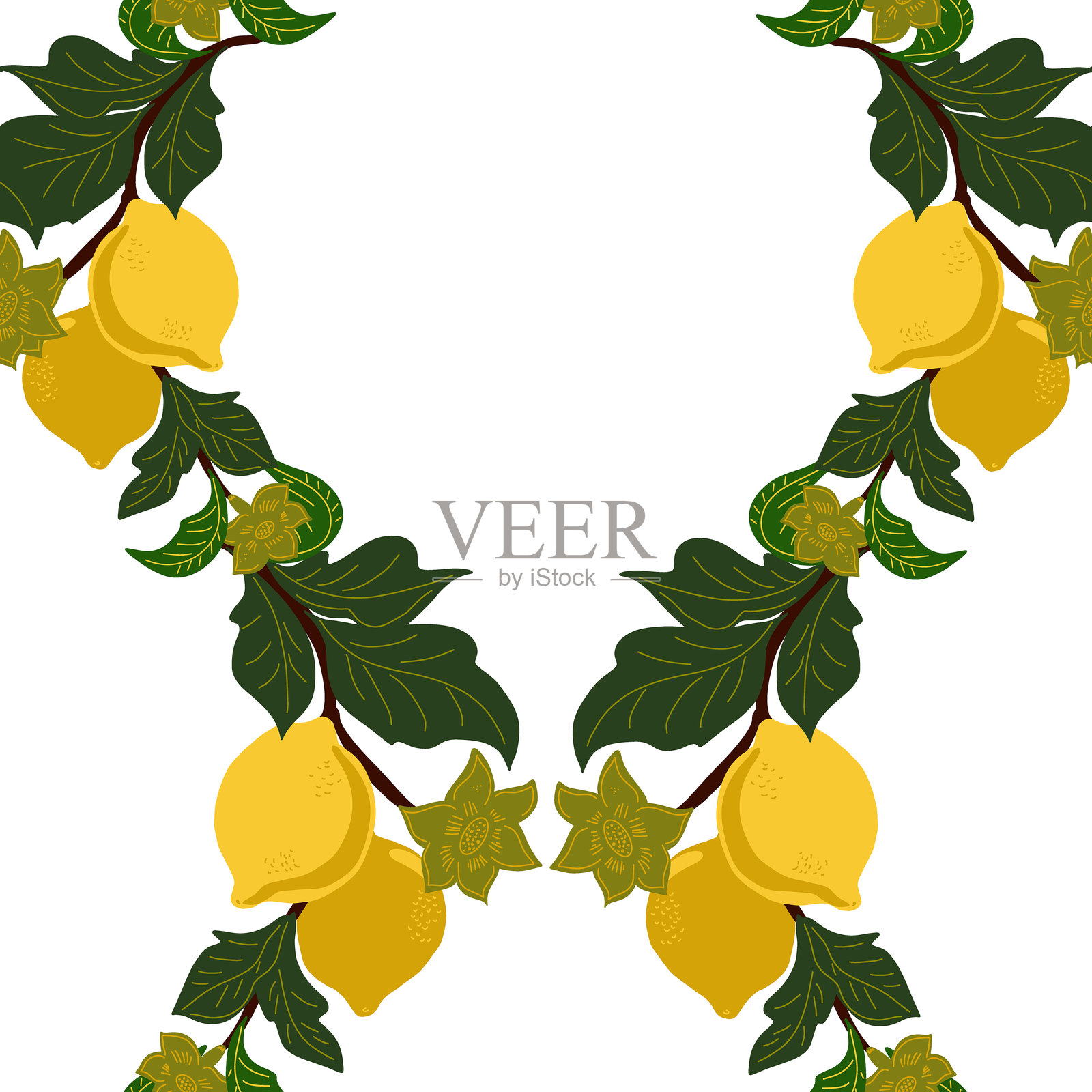 白色背景上的柠檬枝和花朵的无缝图案。风格化、清新、充满活力的平面印刷,适合用于服装、壁纸、纺织品和包装。插画图片素材