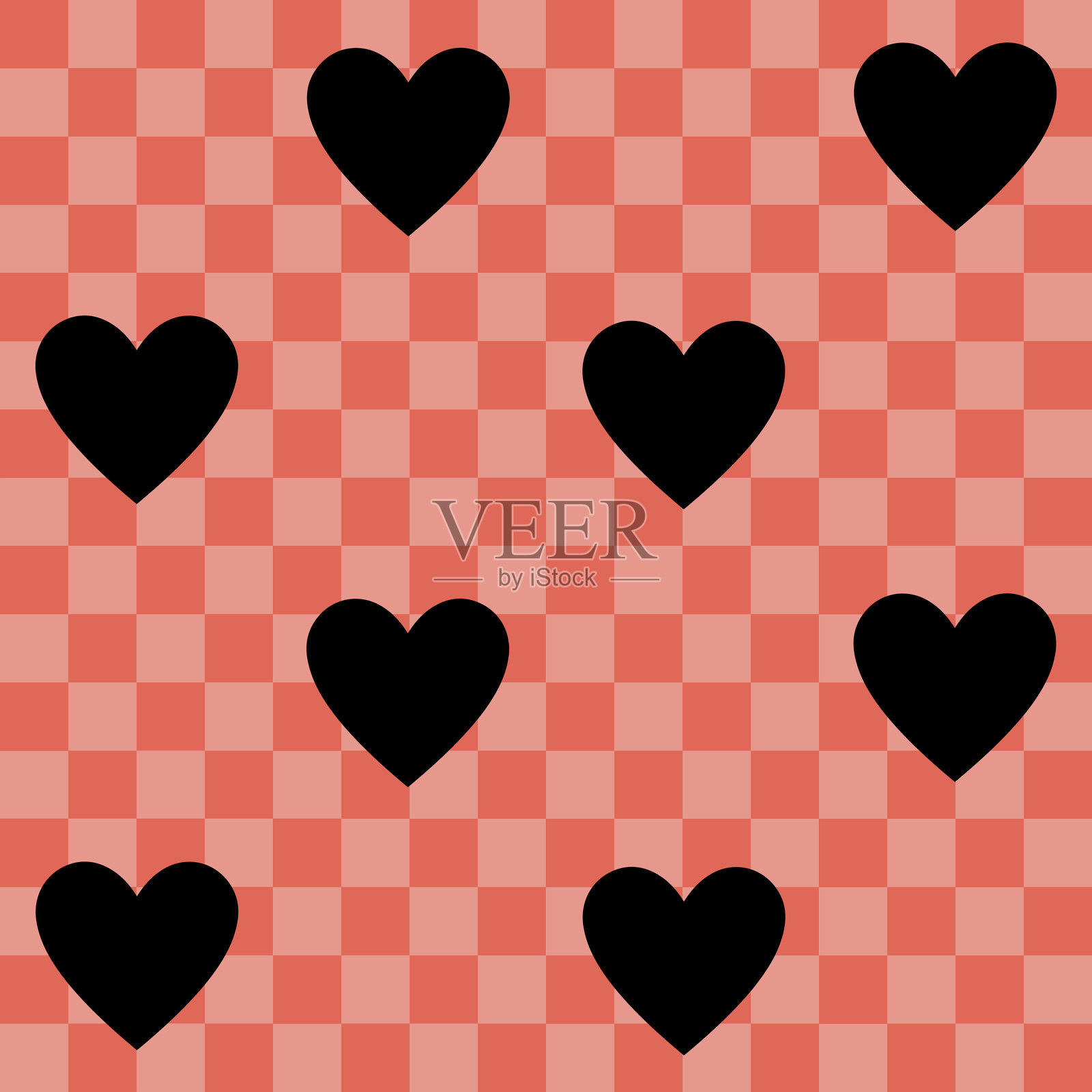红色和粉色格子图案上的黑色心形图案插画图片素材