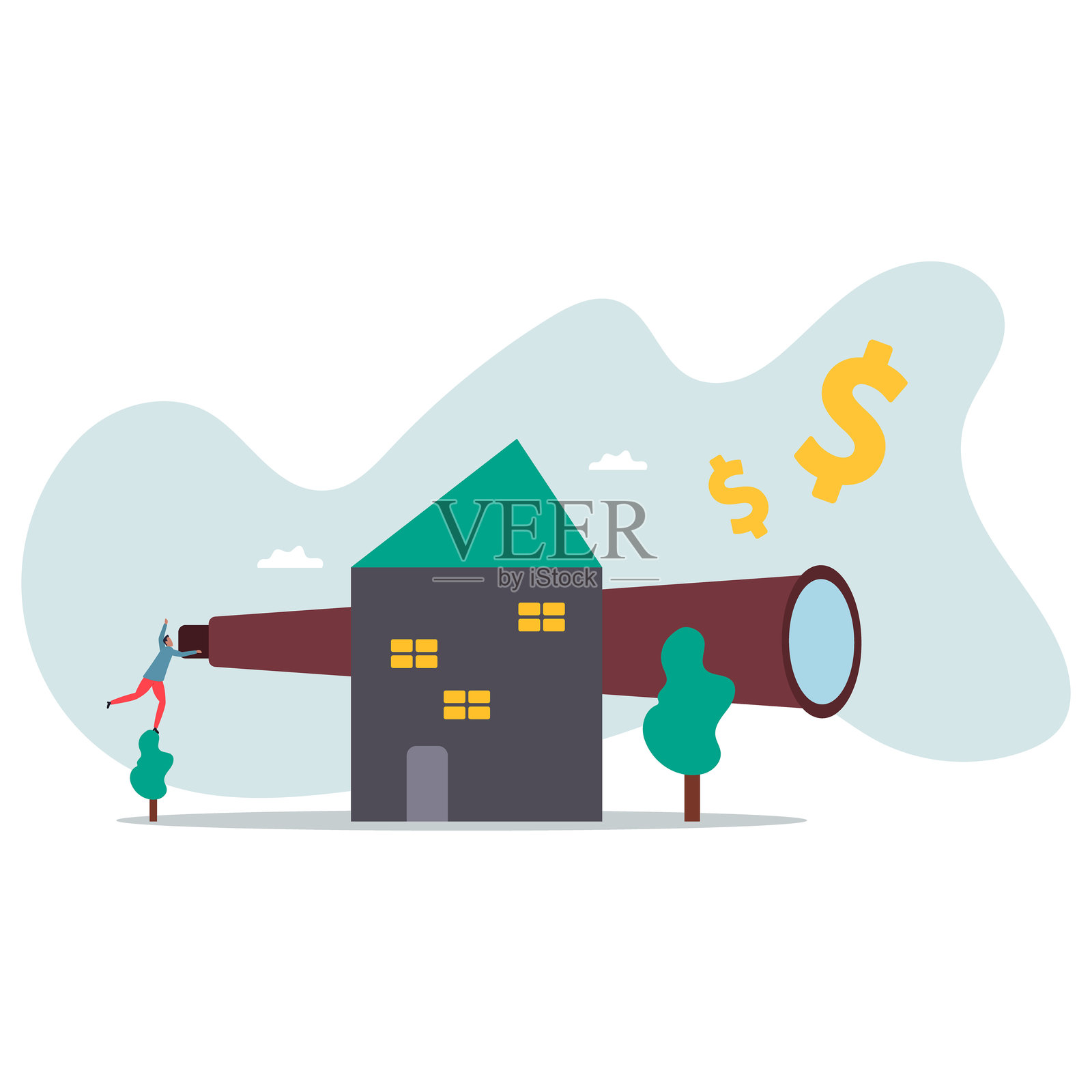 房地产和住房投资机会,物业增长预测或愿景,未来的抵押贷款或房地产投资信托收益。关于一个男人和他的生活。插画图片素材