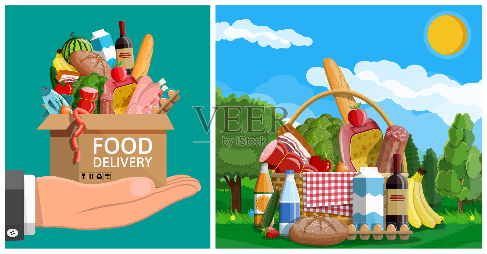 男子手持装有杂货的食品配送箱插画图片素材