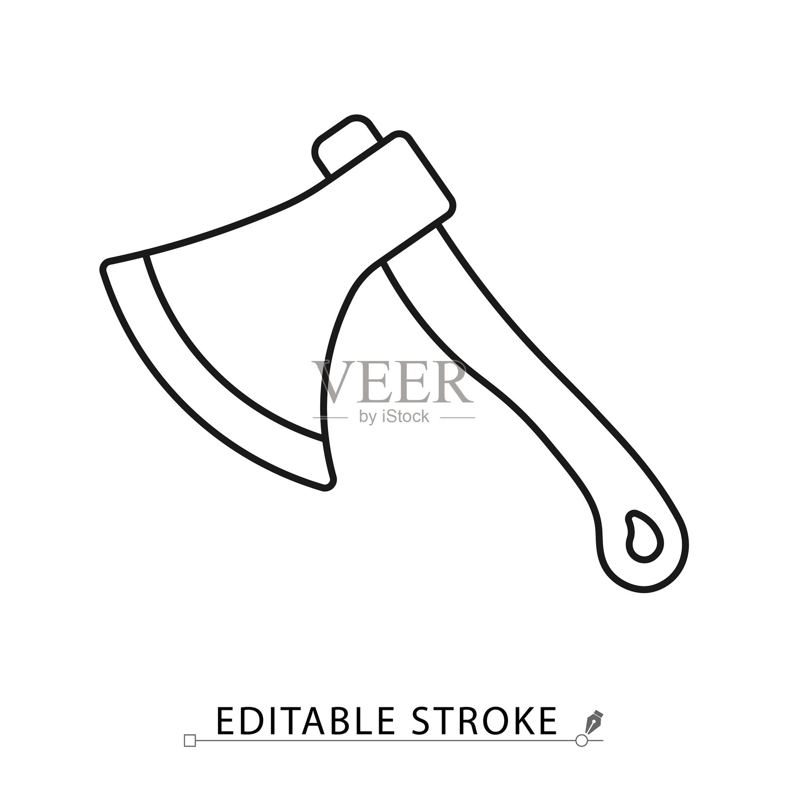 极简线条风格的斧头图标,带可编辑的线条。伐木工工具,柴火切割器,露营装备,木材切割工具,生存装备,锋利刀片概念,林业符号。插画图片素材