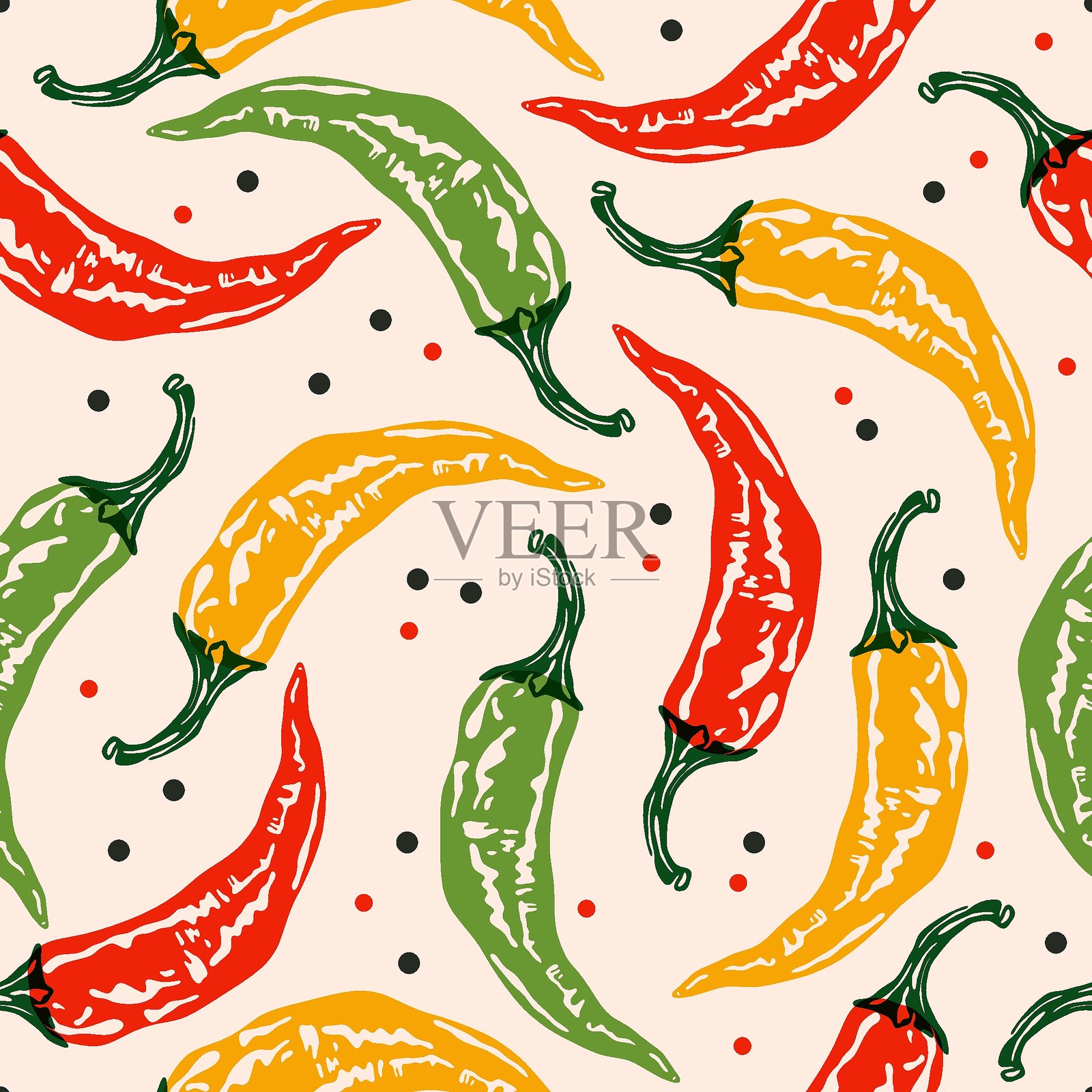 辣椒图案。色彩丰富的辣味辣椒无缝印刷,抽象复古的整颗辣椒,包括卡宴辣椒、墨西哥辣椒和哈瓦那辣椒,有机蔬菜农场食品背景。矢量纹理插画图片素材