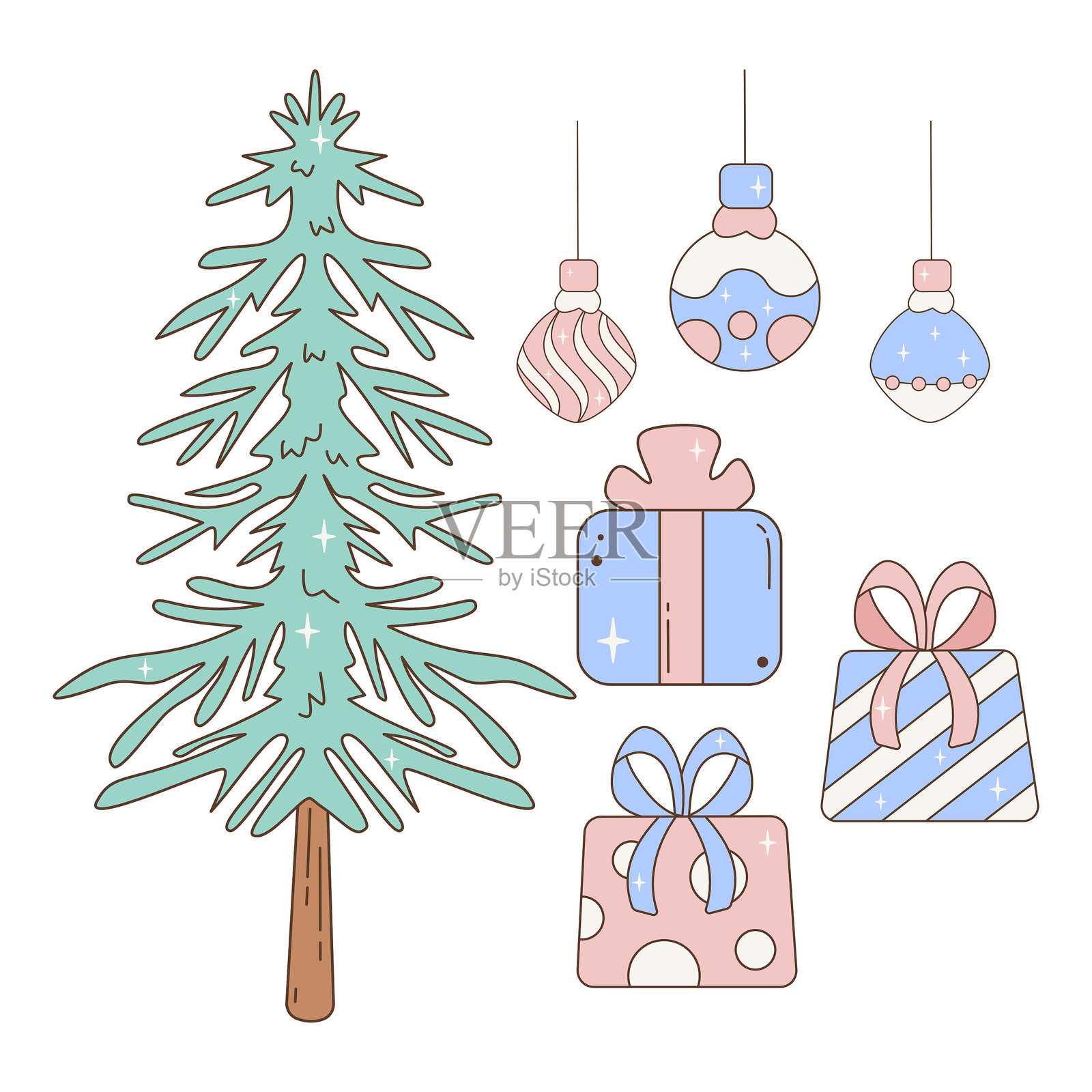 节日庆祝装饰的粉彩色圣诞树与礼品盒和装饰品插图插画图片素材