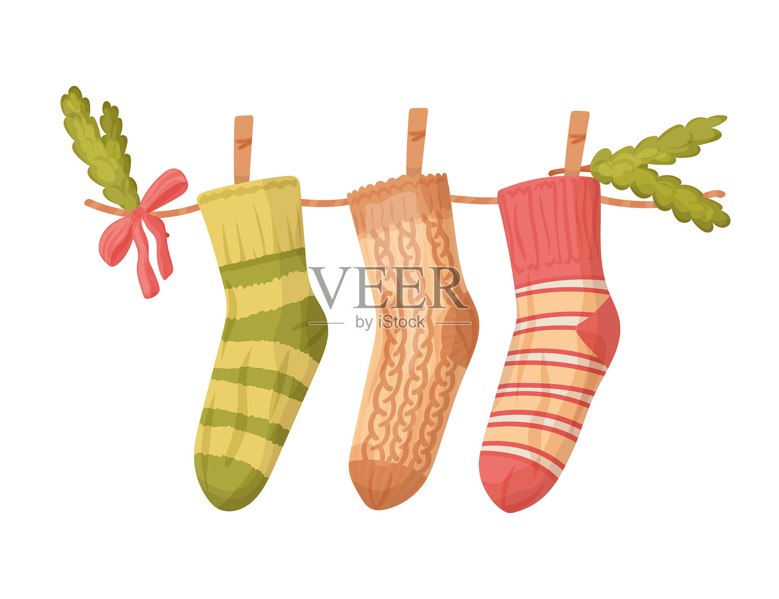挂在绳子上的条纹节日袜子。冬季假日的亮色袜子。家居装饰。圣诞快乐的礼物。白色背景上的矢量插图。插画图片素材