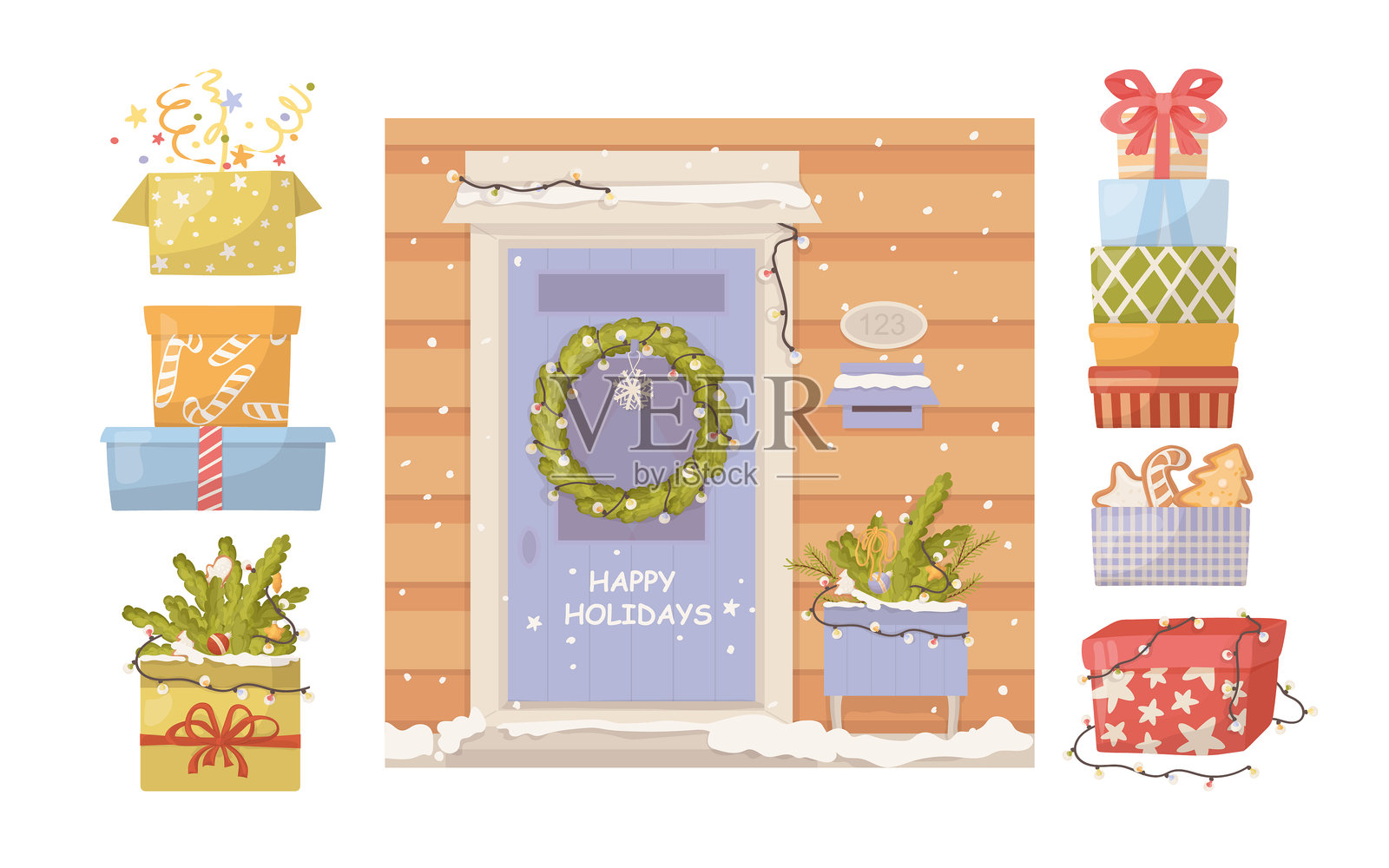 节日气氛的入口门装饰着圣诞花环。可爱的节日礼盒设计矢量图集,包含圣诞祝福和季节性礼物。插画图片素材