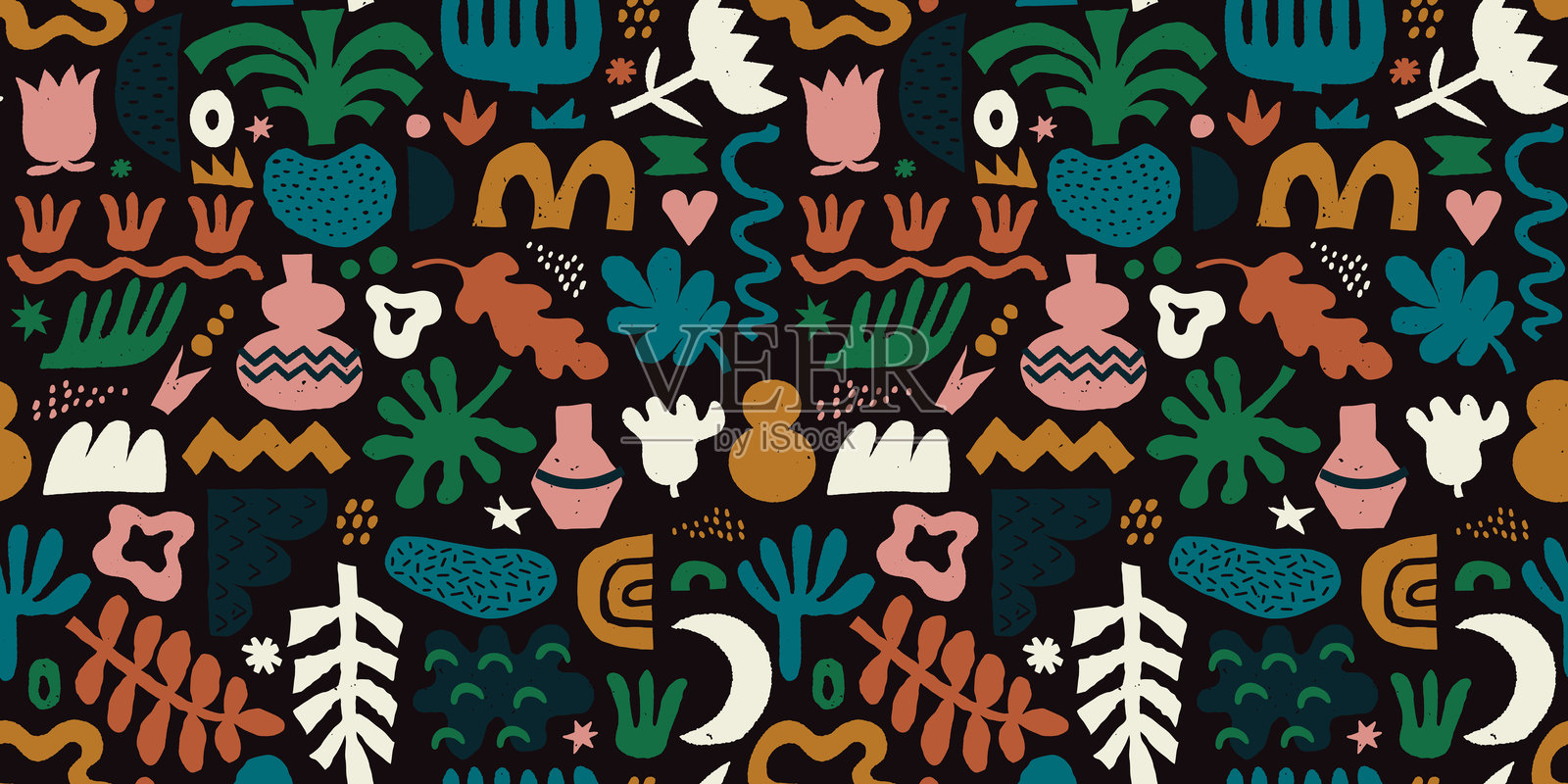 抽象有机形状的无缝图案,带有天真的几何涂鸦,采用自然的土色调。插画图片素材