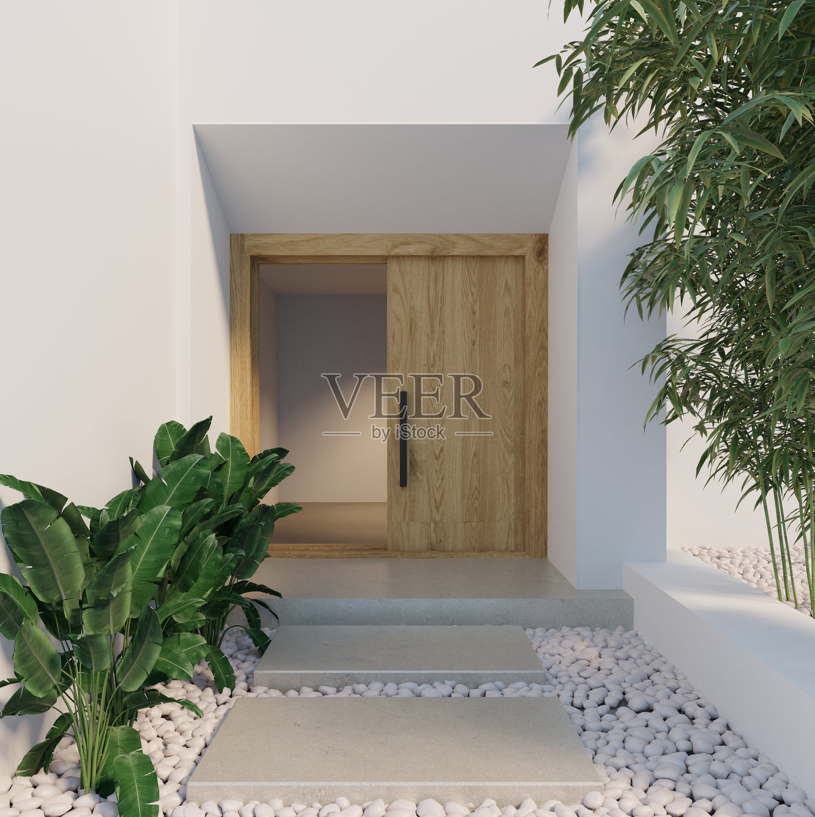 极简现代住宅入口,配有木质前门、热带绿植、白色石材花园和干净的建筑线条。3D渲染图照片摄影图片