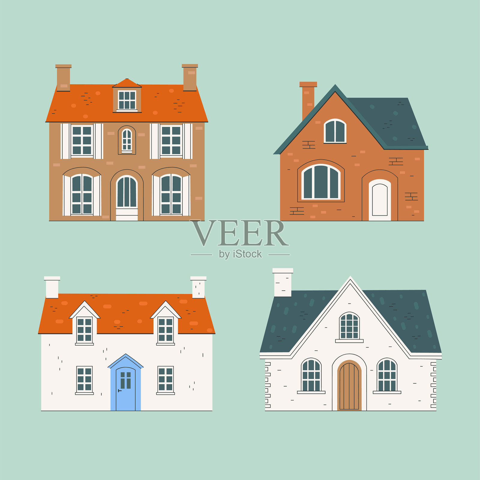 一组简单风格的四栋房屋。矢量图形。插画图片素材