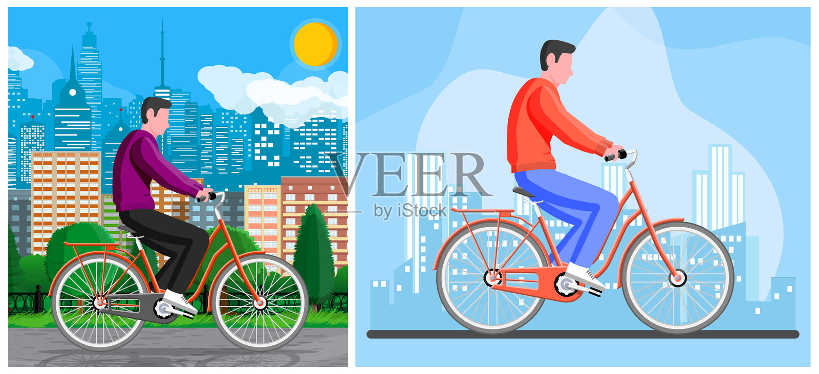 男子在城市中骑自行车插画图片素材