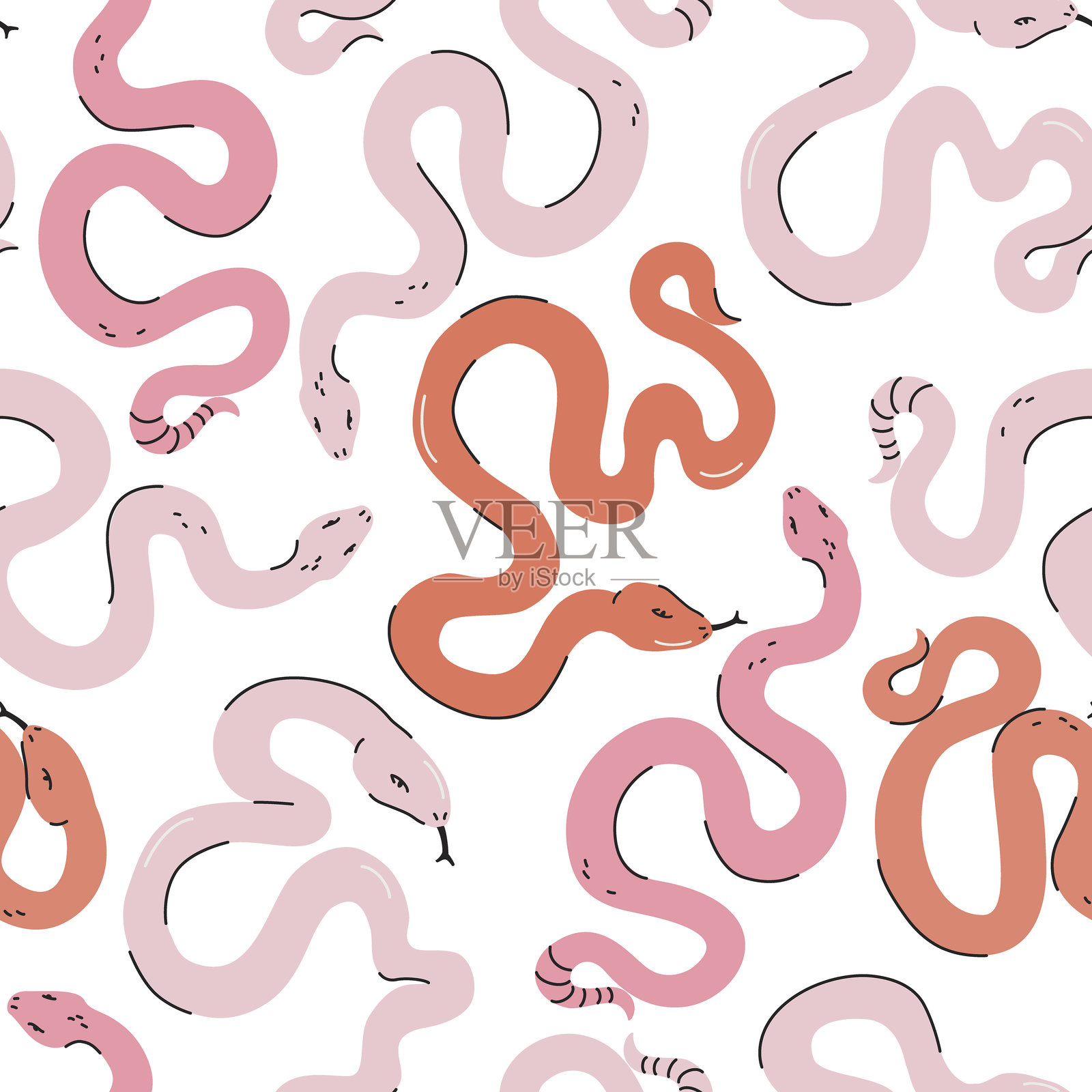 卡通有趣的彩色蛇无缝图案。动物印花背景。插画图片素材