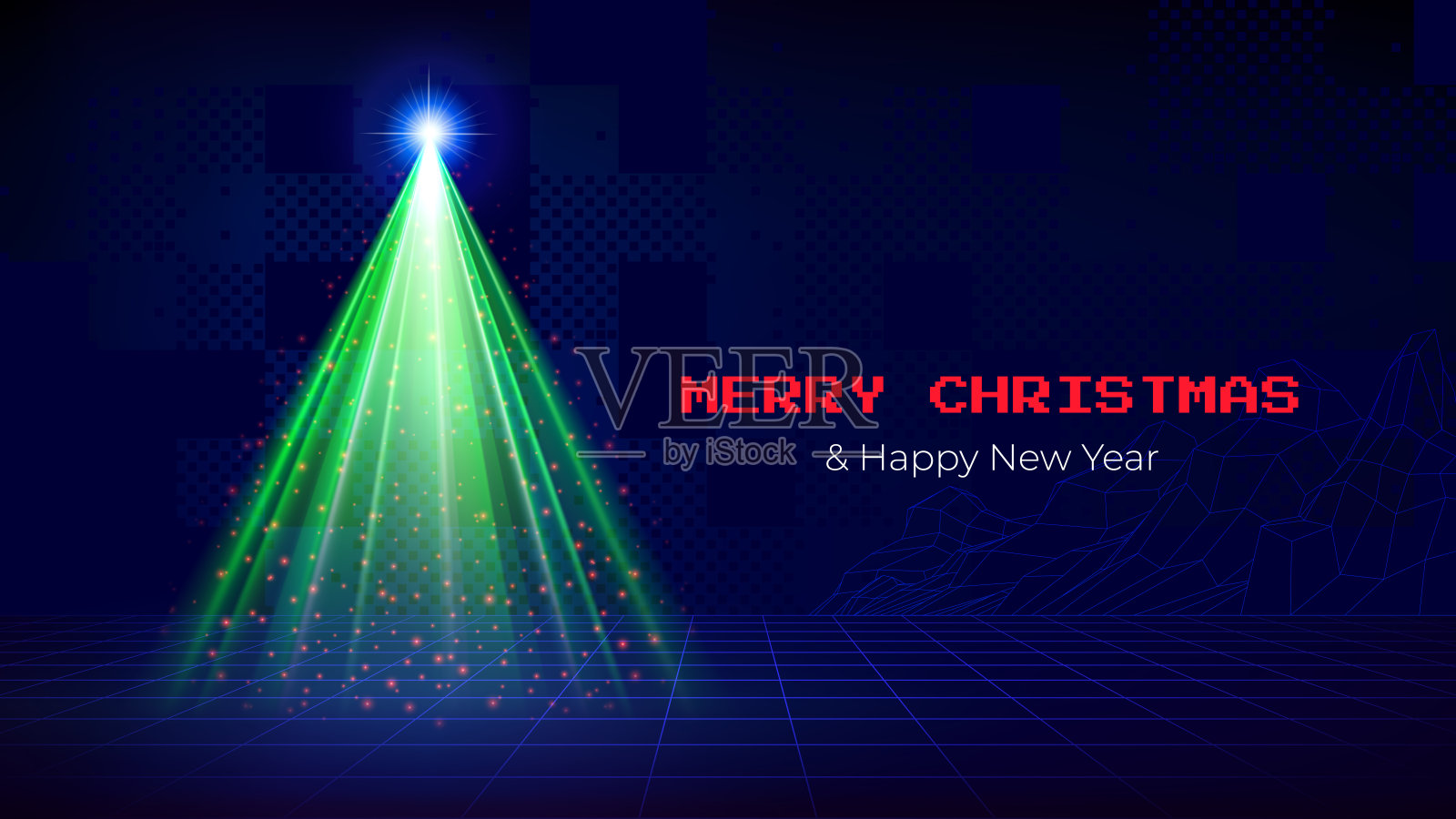 圣诞快乐和新年快乐贺卡。复古未来主义合成波海报,风格类似80年代电脑游戏。激光圣诞树,像素字体。3D线框山脉,网格地面。矢量图。插画图片素材
