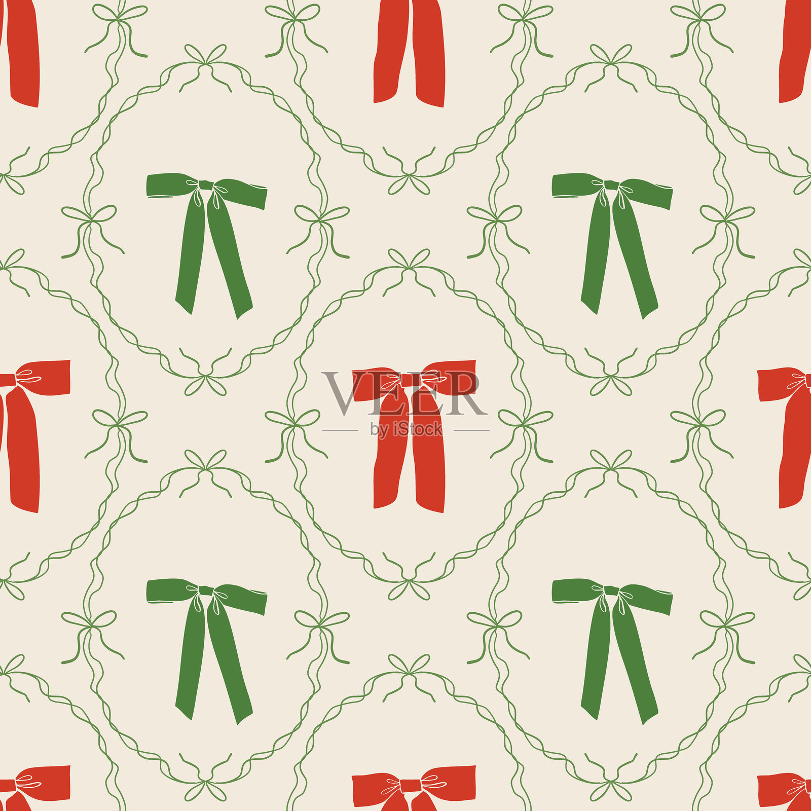 圣诞节无缝图案,带有红色和绿色的手绘丝带和蝴蝶结,装饰在奇幻的框架中。时尚复古的节日设计,适用于圣诞印刷、面料、墙纸或包装纸。插画图片素材