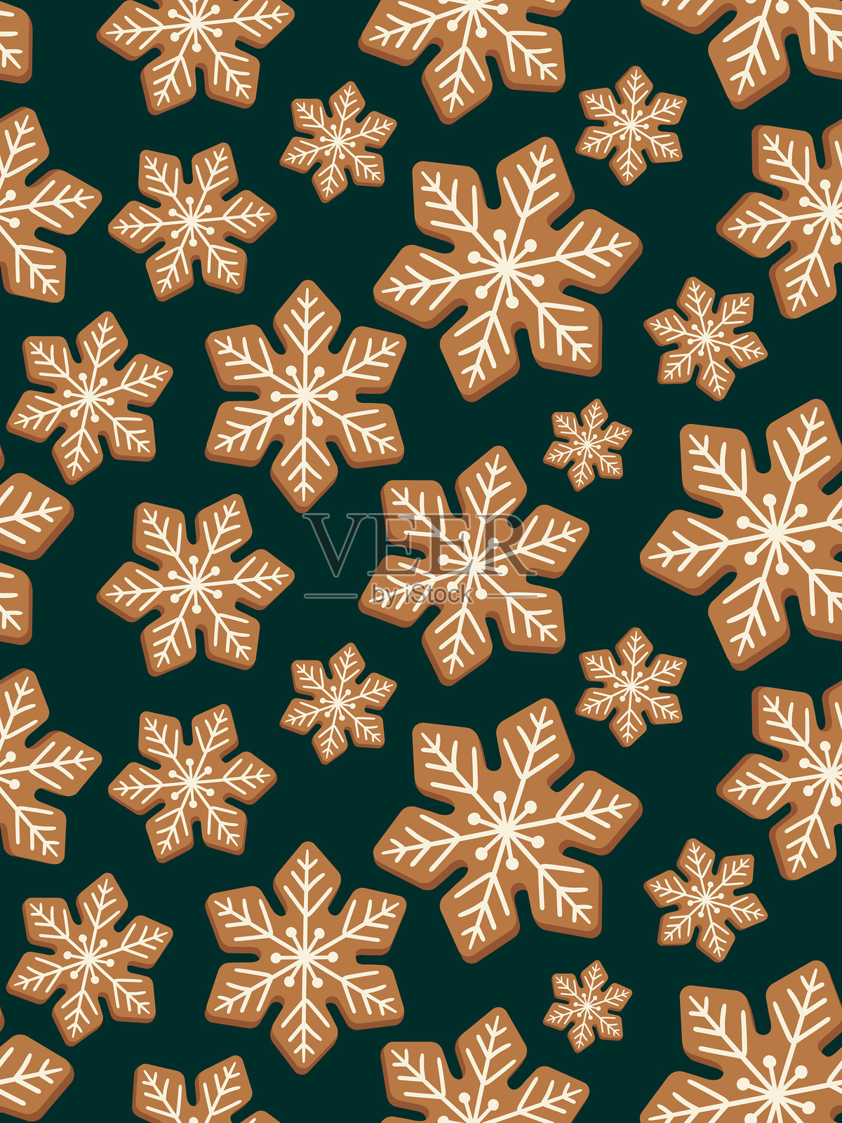 蜂蜜姜饼雪花圣诞新年无缝图案,深绿色背景,适用于海报、明信片和网页设计插画图片素材