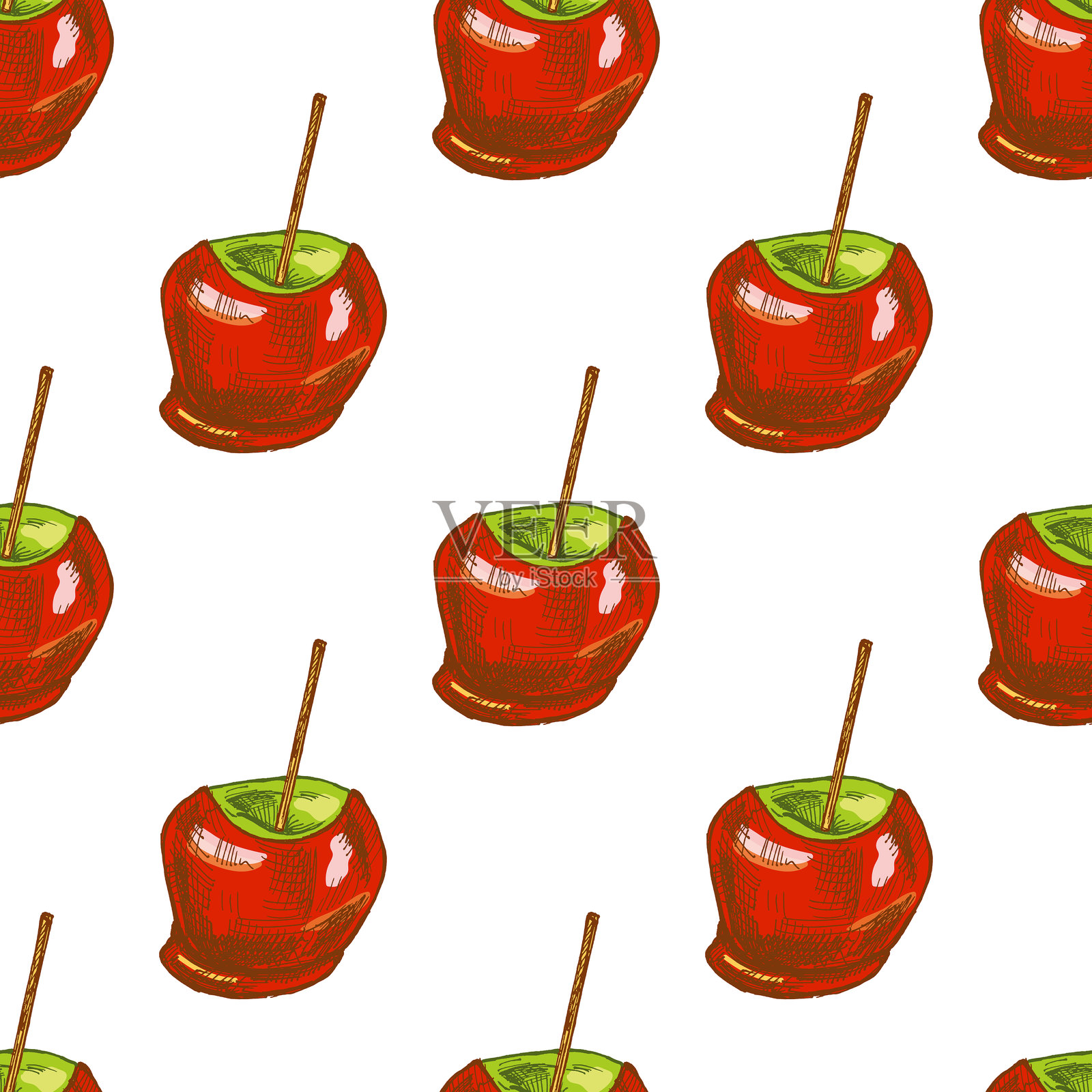 手绘复古风格的光滑红色焦糖苹果无缝图案,带木棍插画图片素材