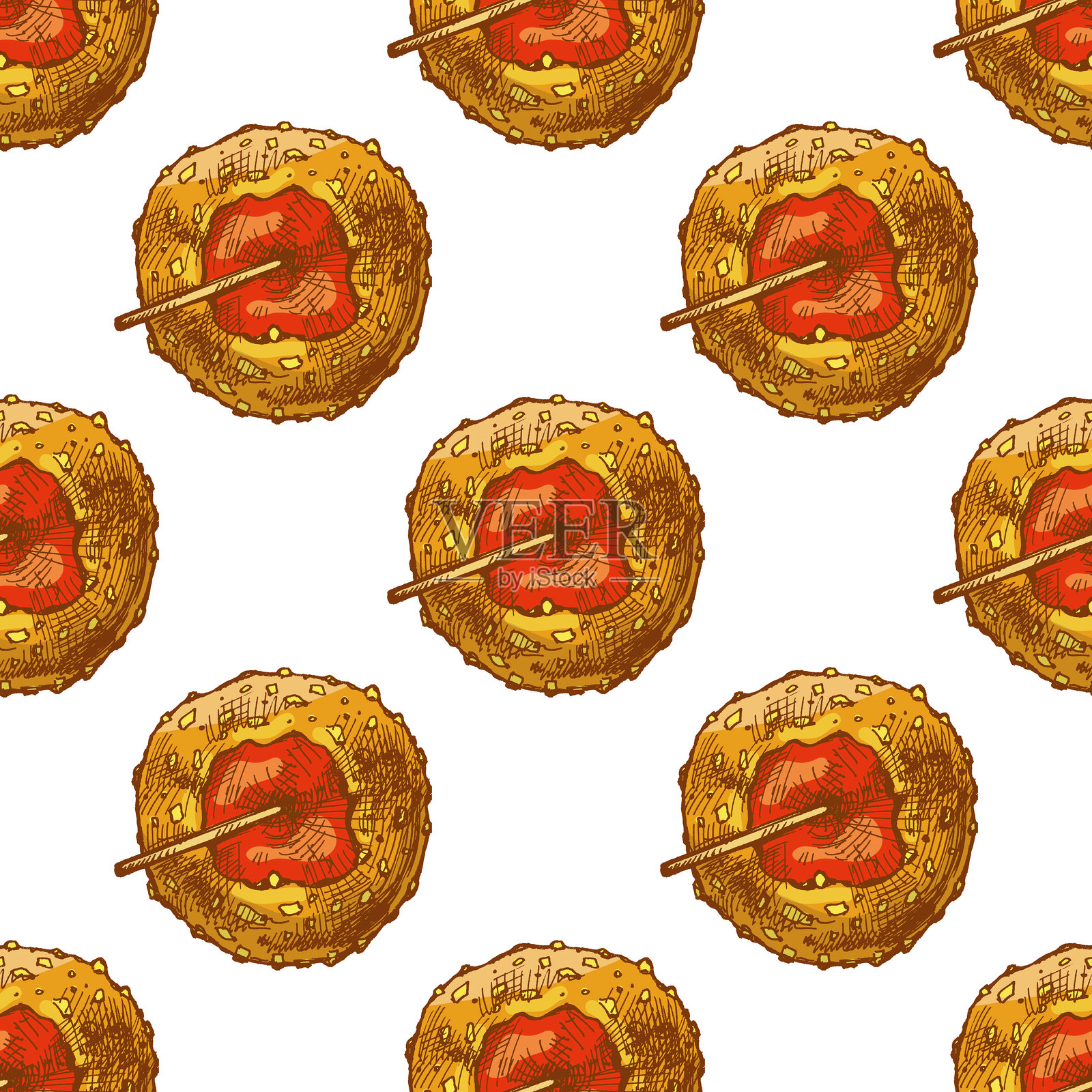 手绘复古无缝图案,包含涂有坚果外壳的焦糖苹果和棍子,色彩丰富的素描插图插画图片素材