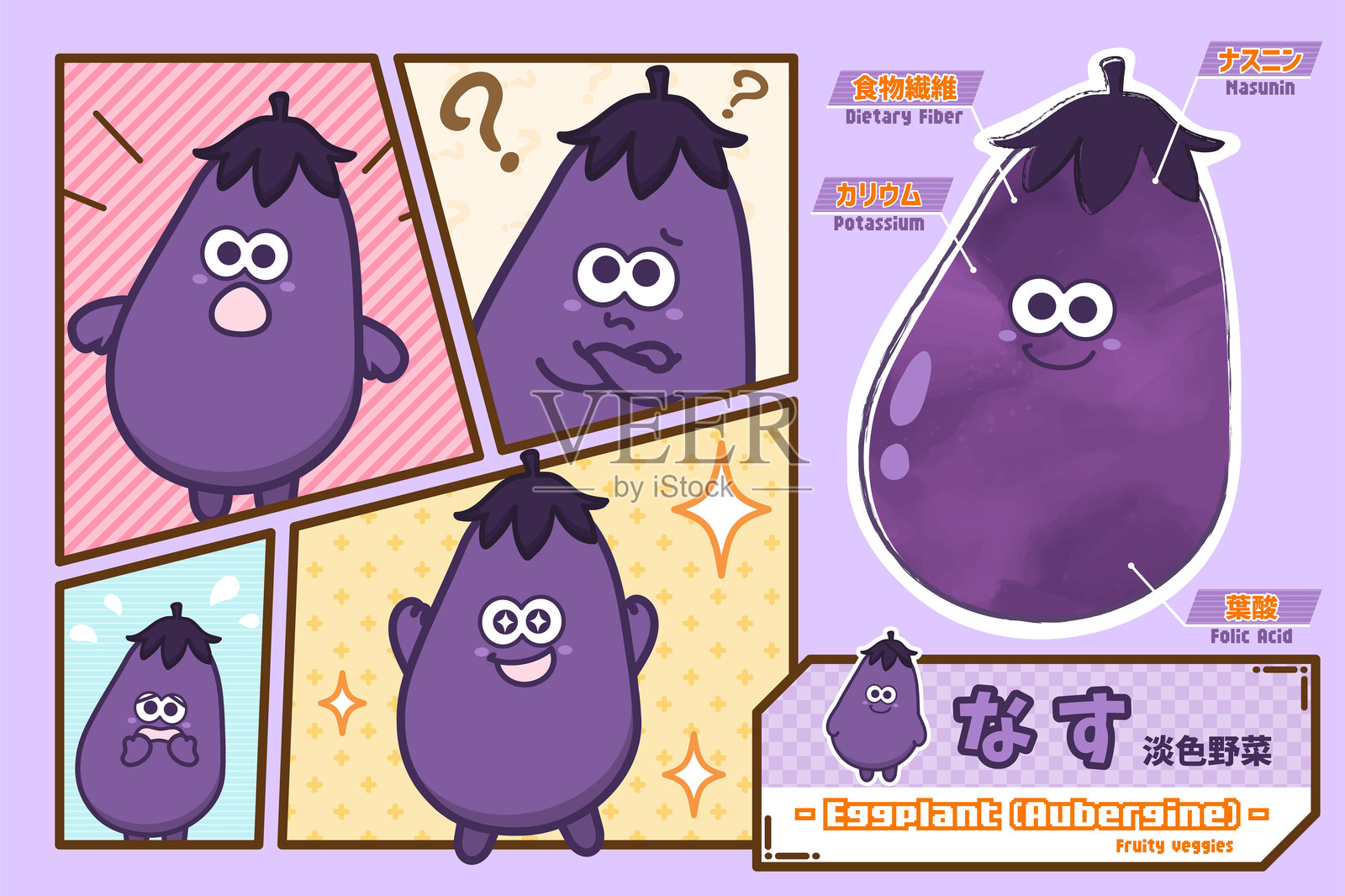 可爱的茄子角色与营养信息插图插画图片素材