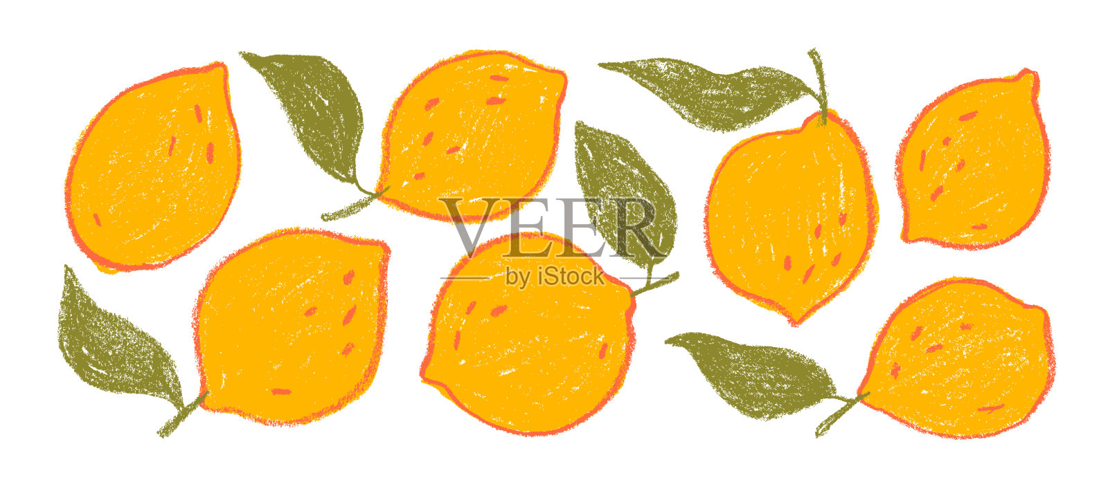 柠檬涂鸦蜡笔素描图标集。意大利水果枝条与叶子及铅笔纹理。天真的食物贴纸。手绘墨水或粉笔插图。黄色柑橘系列,带有干刷笔触。插画图片素材