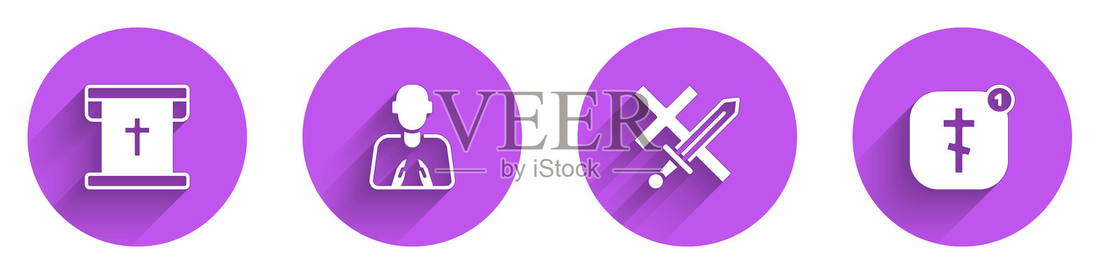 带有基督教十字架的旗帜,双手合十祈祷,十字军东征和在线教会牧师讲道的图标,带有长阴影。矢量图。插画图片素材