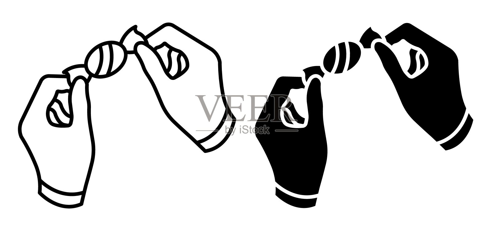 线条图标。甜食爱好者的手在拆开包装中的焦糖。简单的黑白矢量图,独立于白色背景。插画图片素材