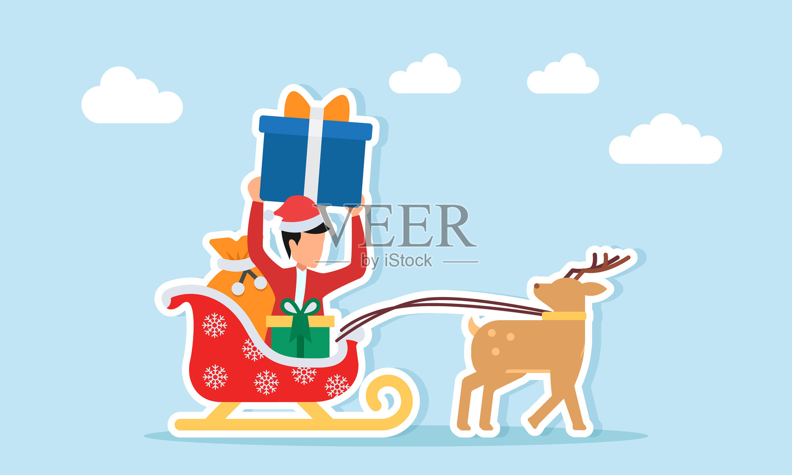 圣诞老人火车运送礼物,身穿红色服装和圣诞帽的男人正在举起礼物,表达对圣诞庆祝活动的感激之情。插画图片素材
