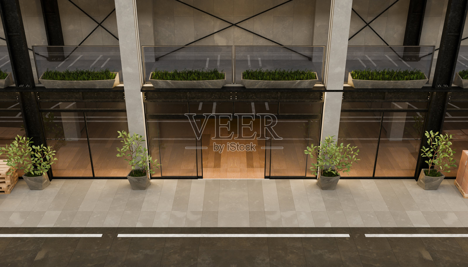 现代建筑外立面,开放的滑动门展现出木地板 - 3D渲染图照片摄影图片