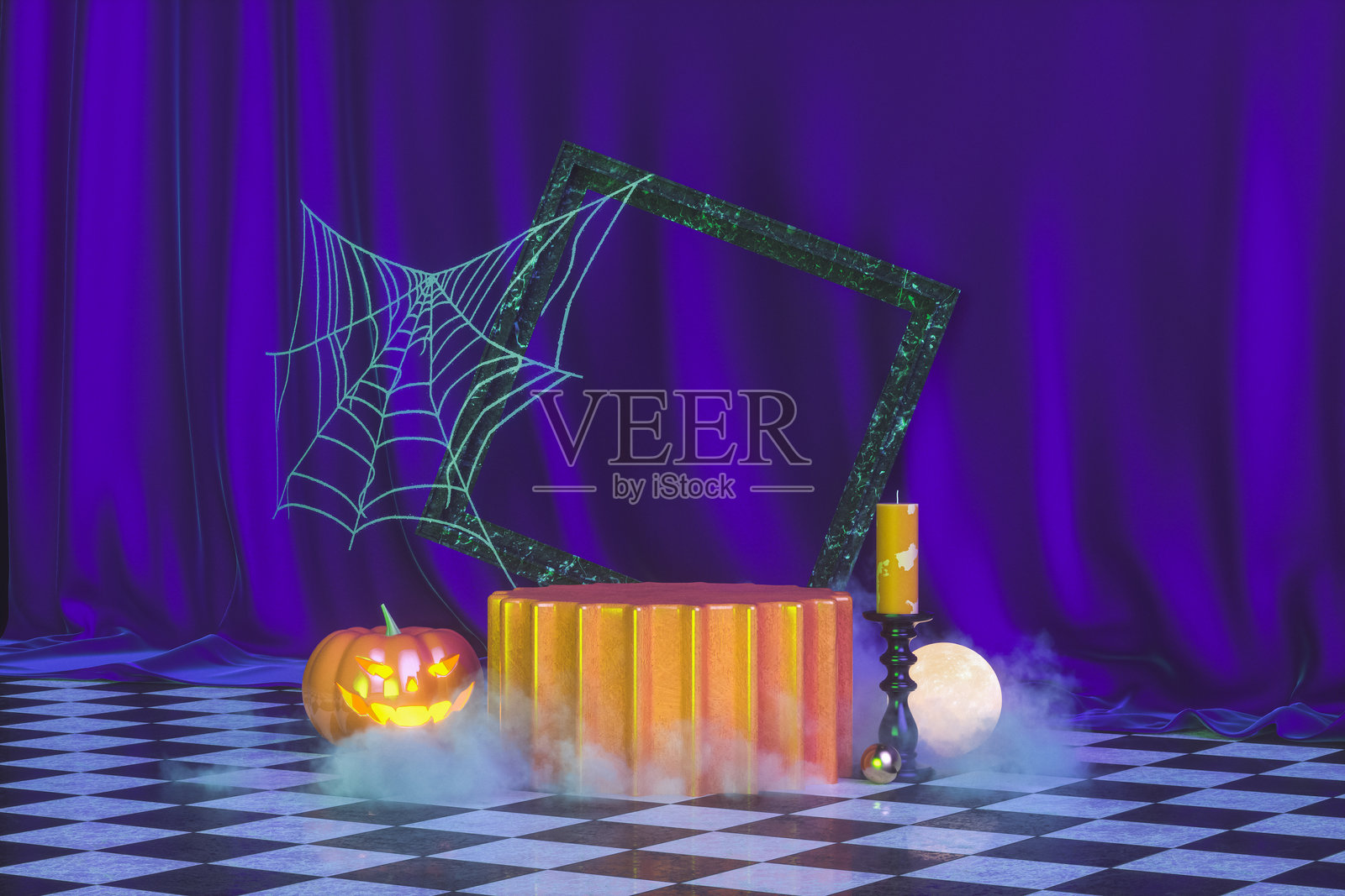 万圣节背景,橙色讲台和万圣节装饰。3D渲染。照片摄影图片
