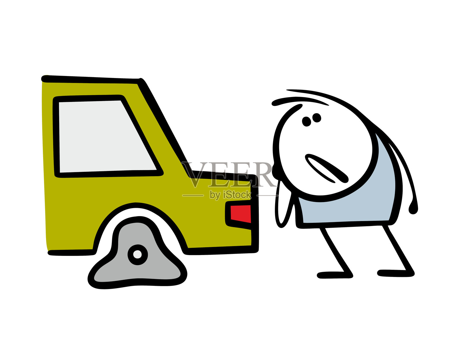 卡通沮丧的司机看着瘪掉的轮胎。汽车故障的矢量插图。轮胎漏气,小人痛苦,拨打维修服务电话。插画图片素材