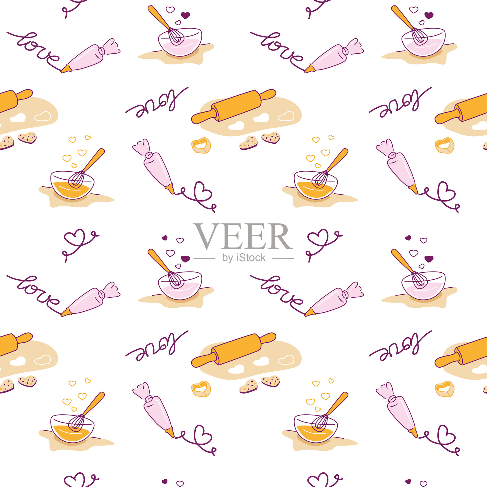 无缝情人节烘焙图案,包含可爱的甜点、擀面杖和爱心元素,背景为白色插画图片素材