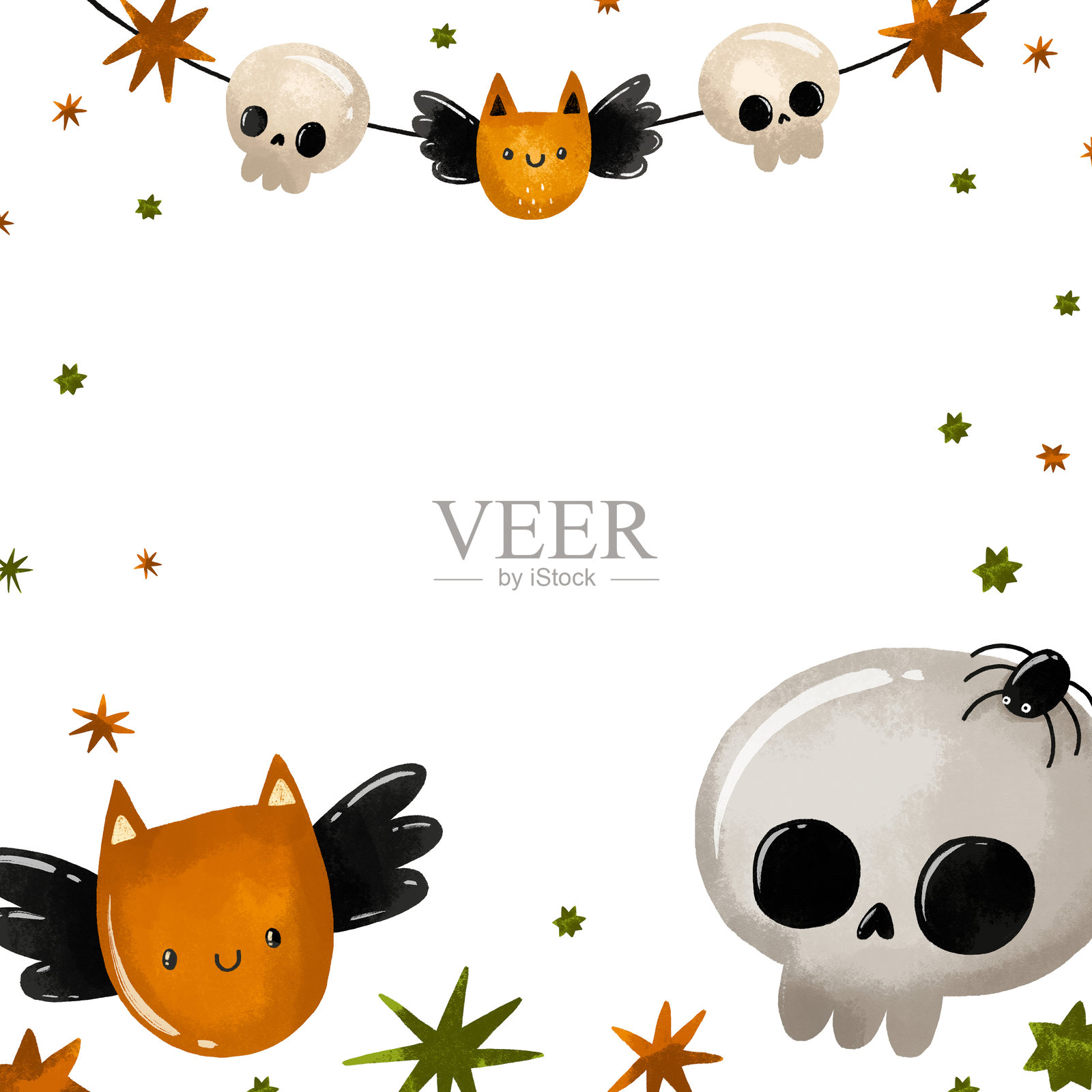 万圣节儿童派对贺卡。手绘的十月恐怖派对邀请函。骷髅、蝙蝠和花环。插画图片素材