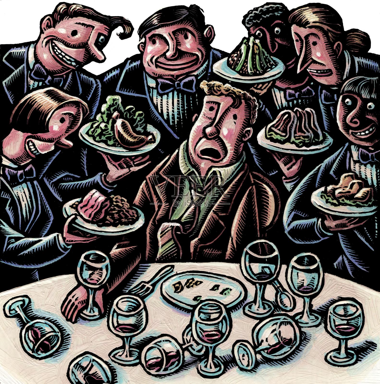 在葡萄酒品鉴晚宴上,一名男子面前有服务员提供多道菜肴,但他看起来已经吃饱了,甚至有些不适。插画图片素材