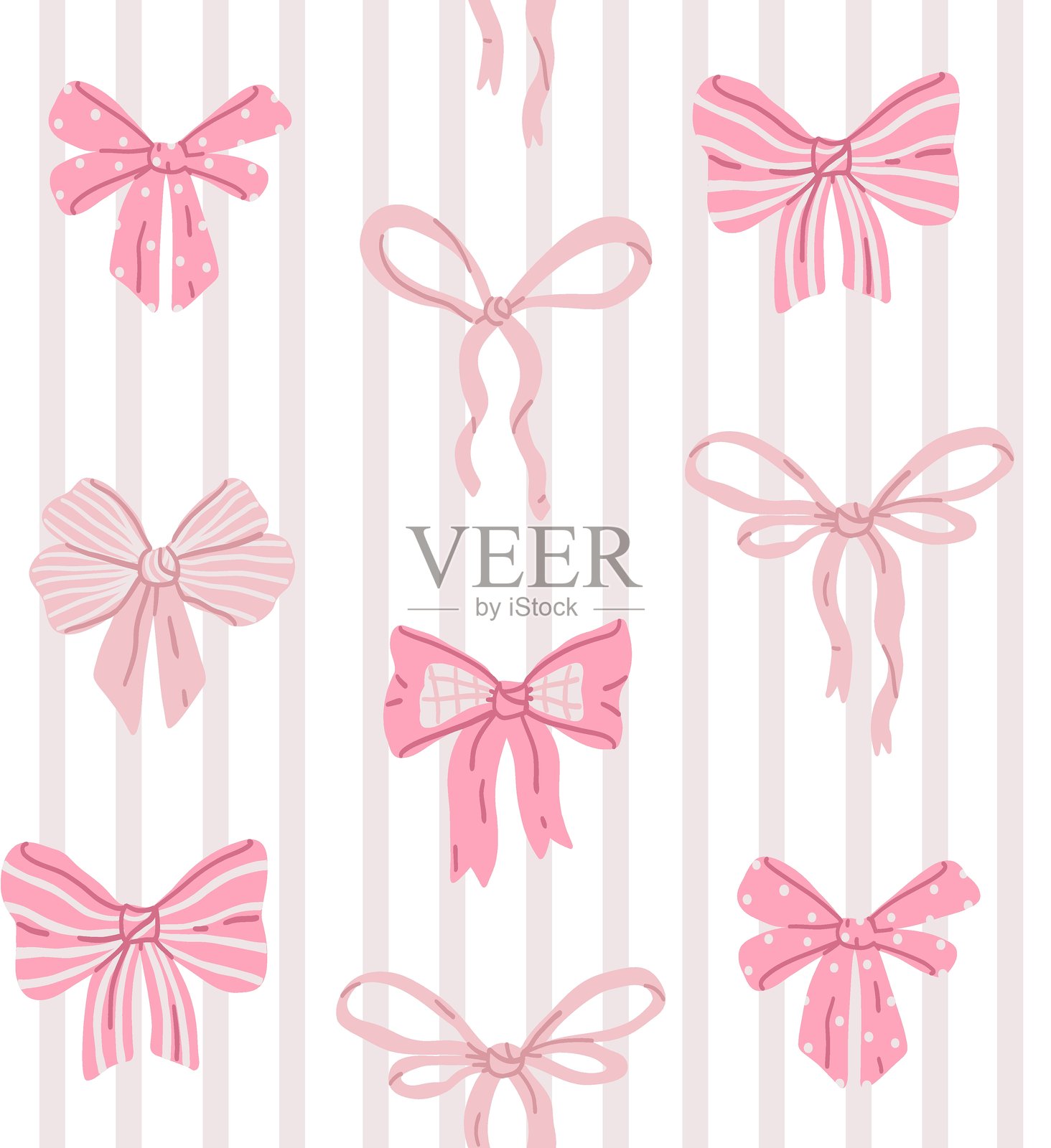 可爱的无缝图案,带有俏皮的粉色蝴蝶结和丝带,采用平面风格。浪漫的女孩壁纸插画图片素材