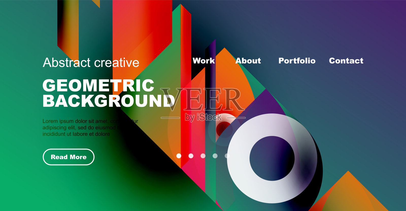 生动的几何形状构成动态背景。文本覆盖详细介绍作品、作品集和联系方式。现代设计元素展现视觉吸引力。插画图片素材