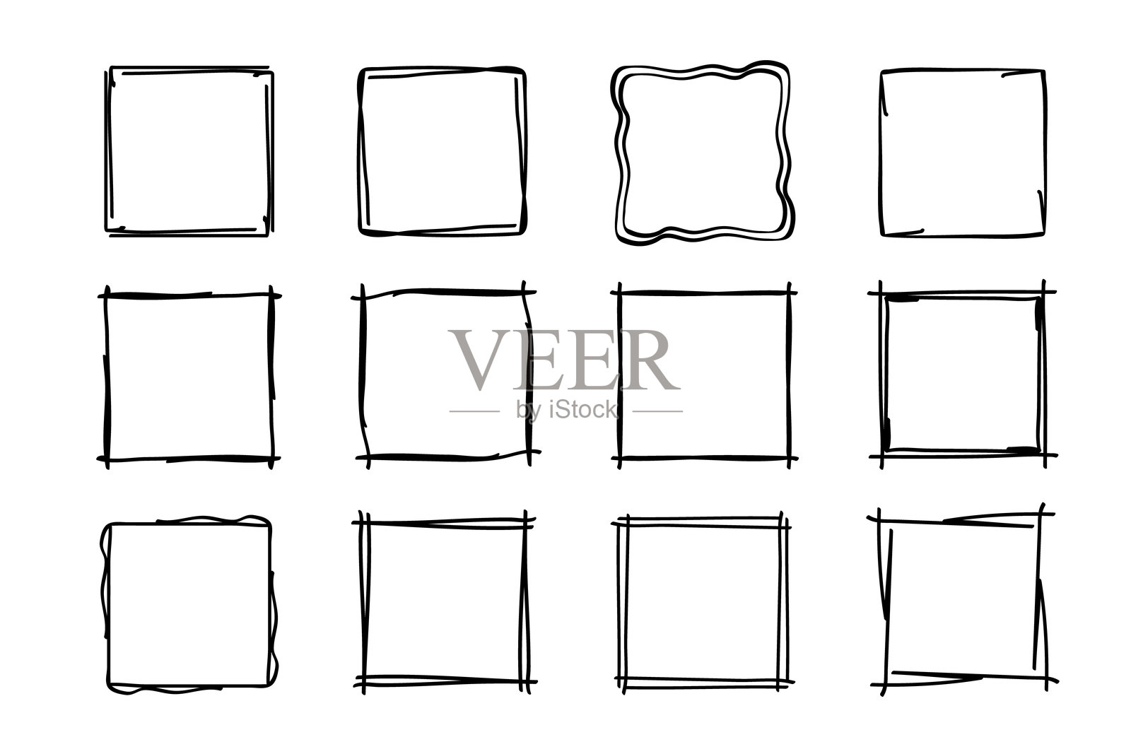 方形涂鸦印章框,手绘波浪状卷曲字母组合。边缘和框架带有简单的草图涂鸦旋涡设计元素。孤立。矢量插图。插画图片素材